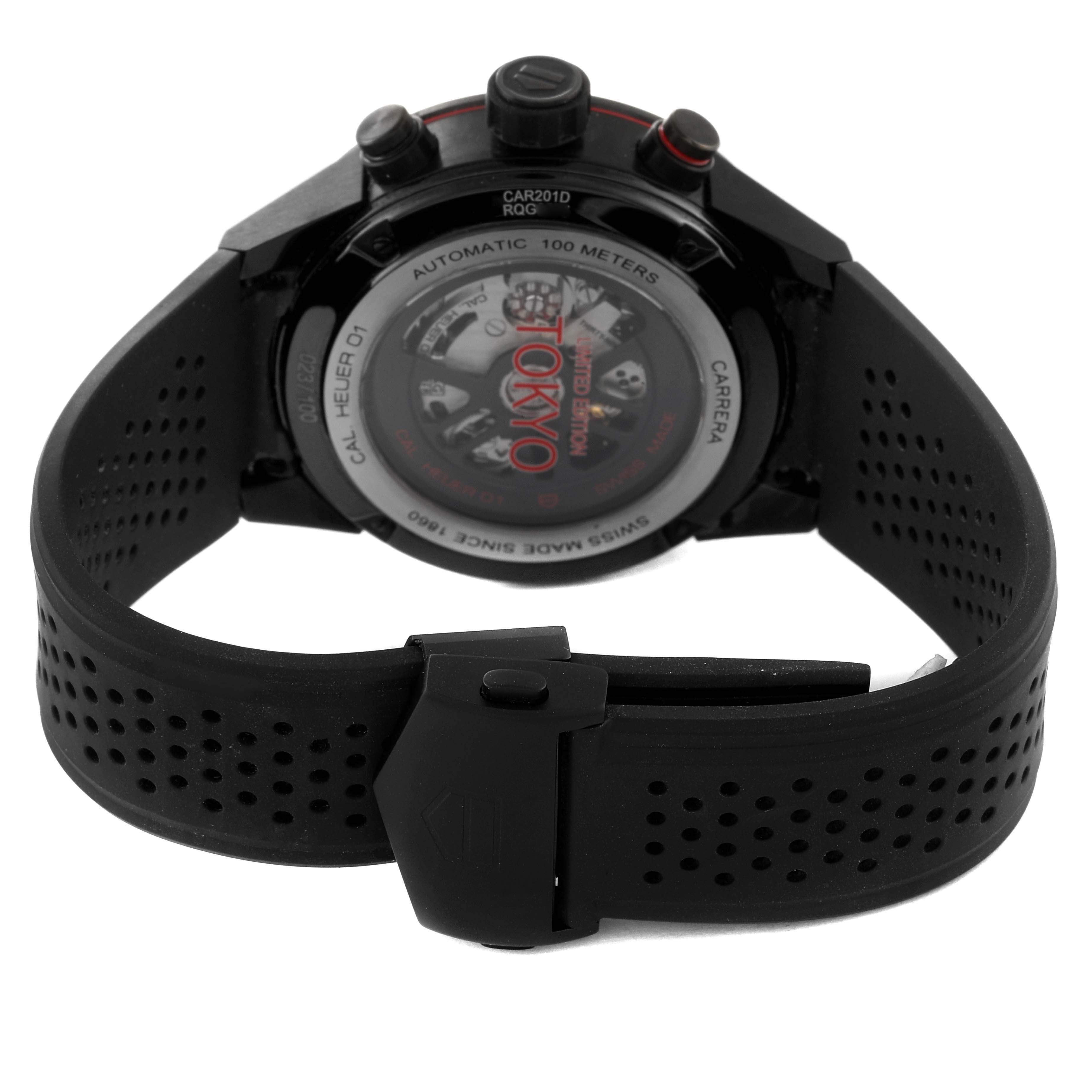 This image shows the back view of a Tag Heuer Carrera CAR201D.FT6087 Men's Ceramic Black Dial CAR201D.FT6087 Men's Ceramic Black Dial Limited Edition watch, highlighting the case back and rubber strap.