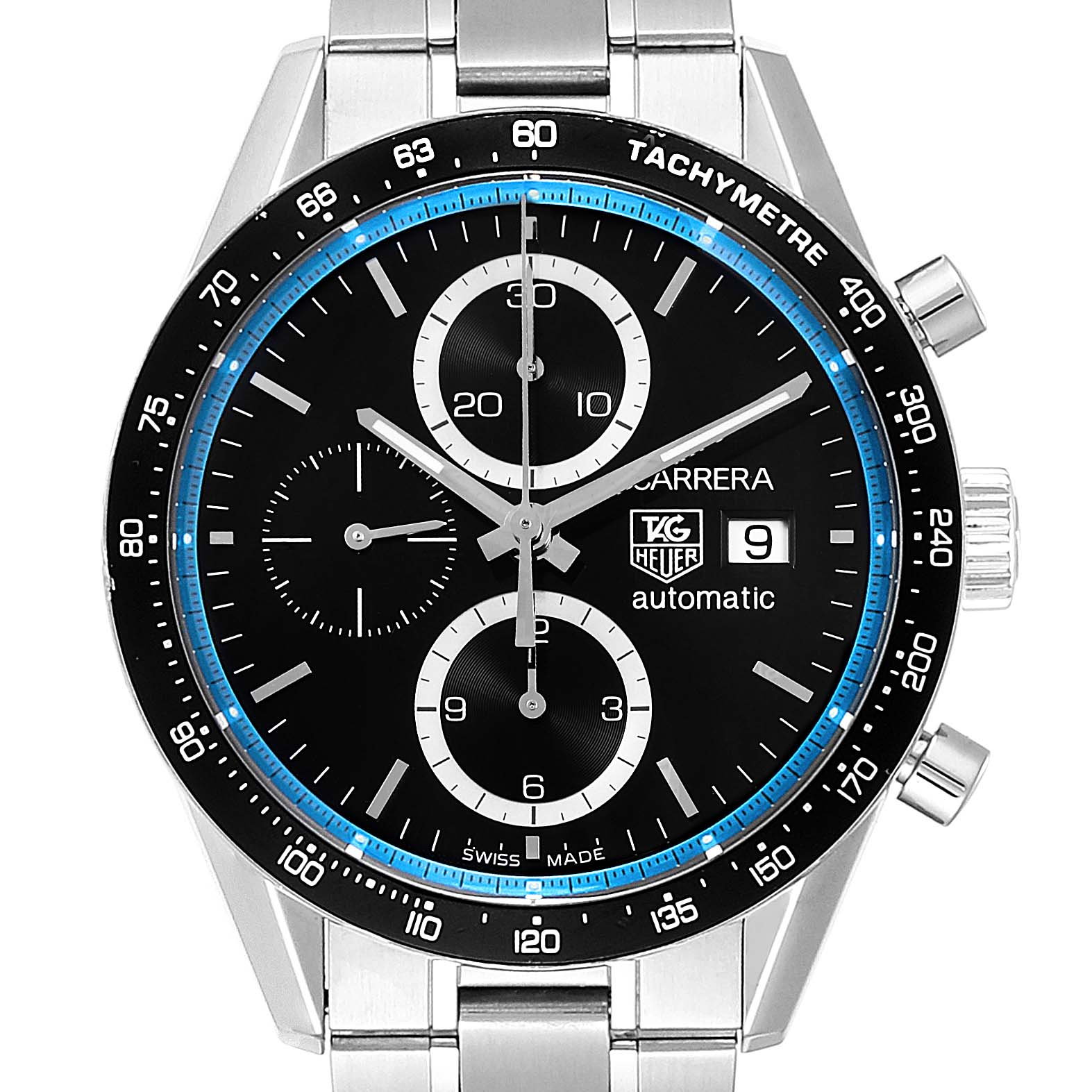 The image shows a front view of the Tag Heuer Carrera Limited Edition watch, highlighting the dial, chronographs, and tachymeter bezel.