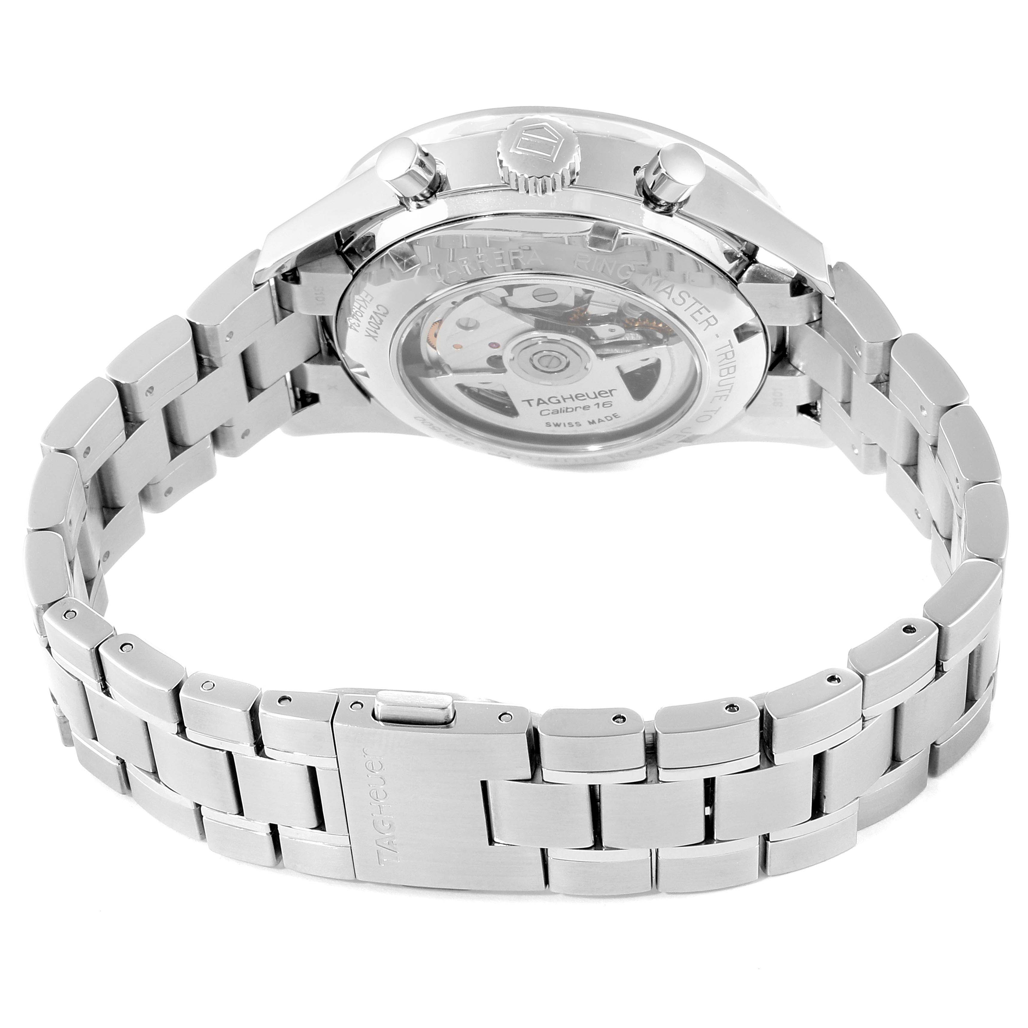 The image shows the back and bracelet of the Limited Edition Tag Heuer Calibre 16, highlighting the case back and clasp.