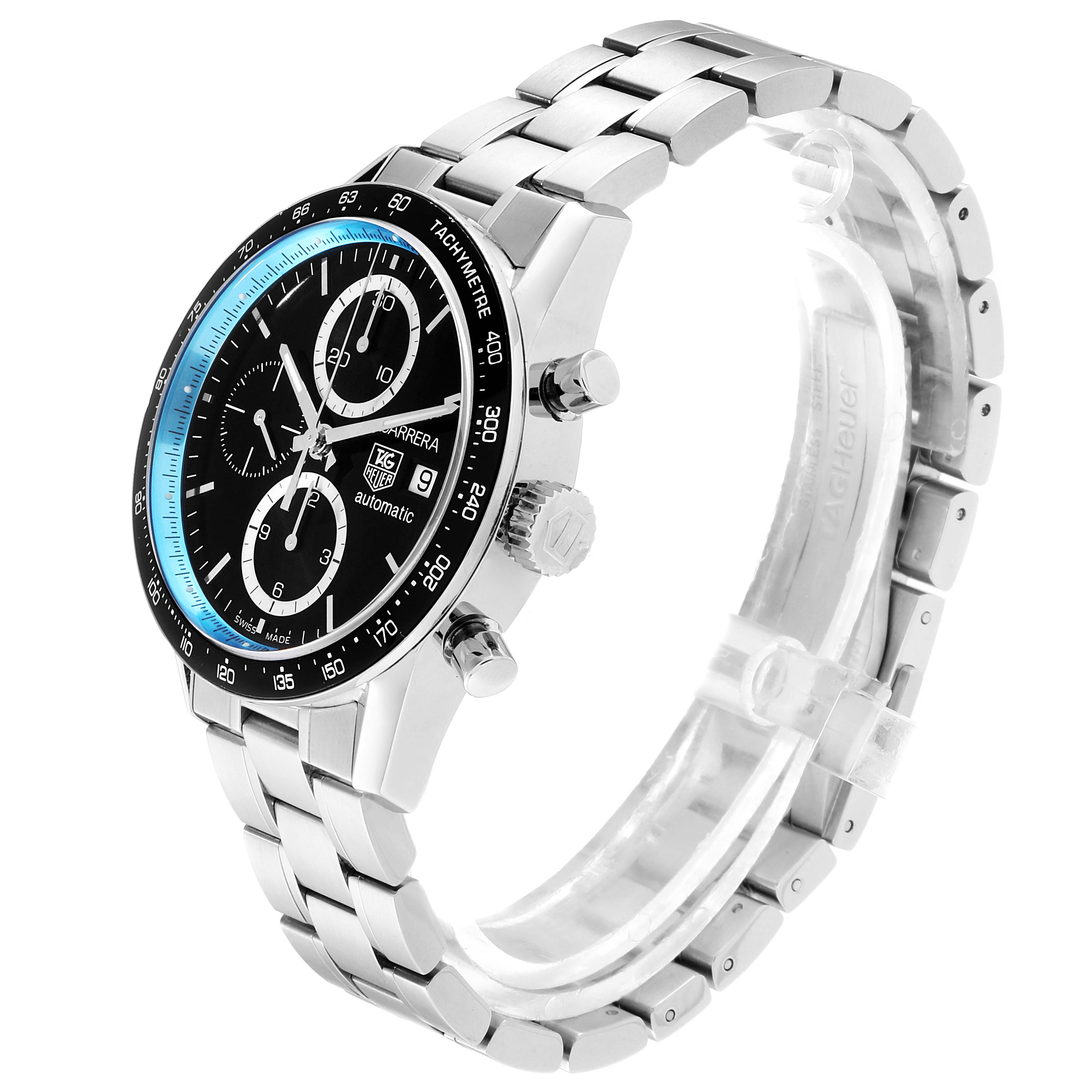 The image shows a side-angle view of the Tag Heuer Carrera Limited Edition watch, highlighting its face, bezel, and bracelet.