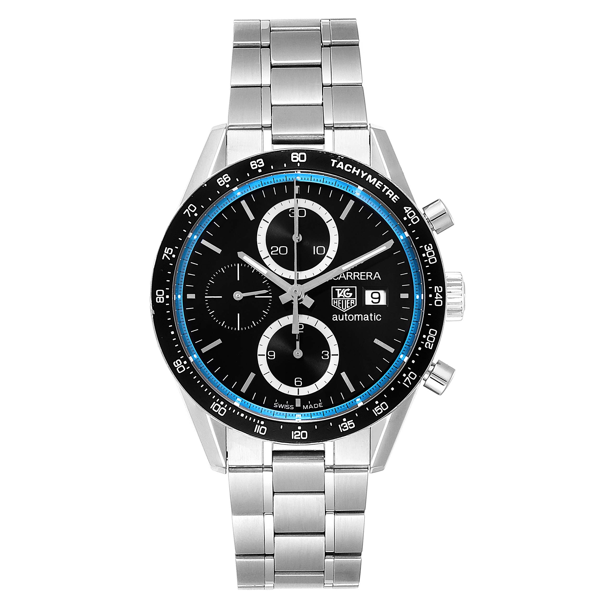 This image shows a front view of the Tag Heuer Carrera Limited Edition watch, highlighting the dial, bezel, and bracelet.