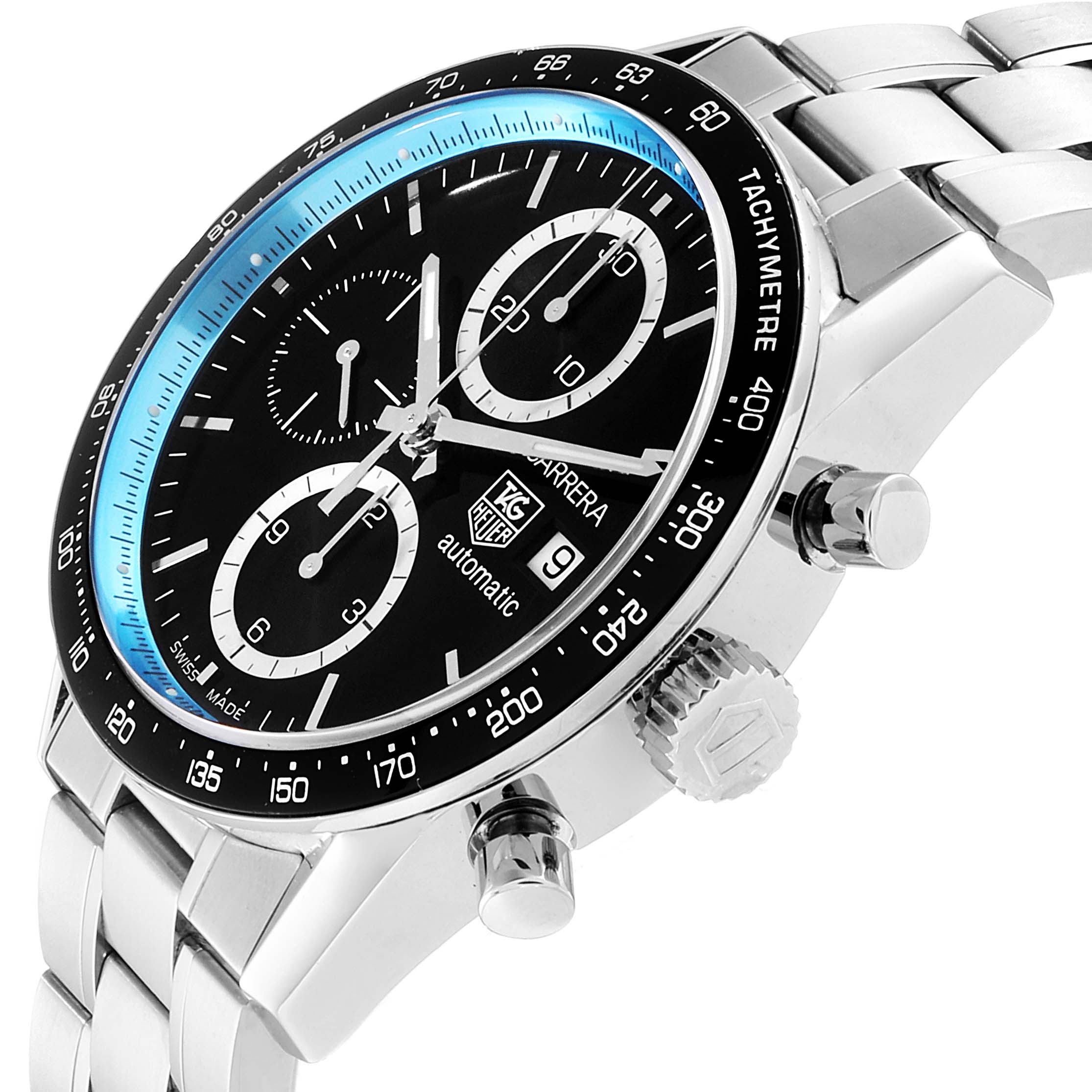 The image shows a side view of the Tag Heuer Carrera Limited Edition watch, highlighting its dial, bezel, crown, and bracelet.