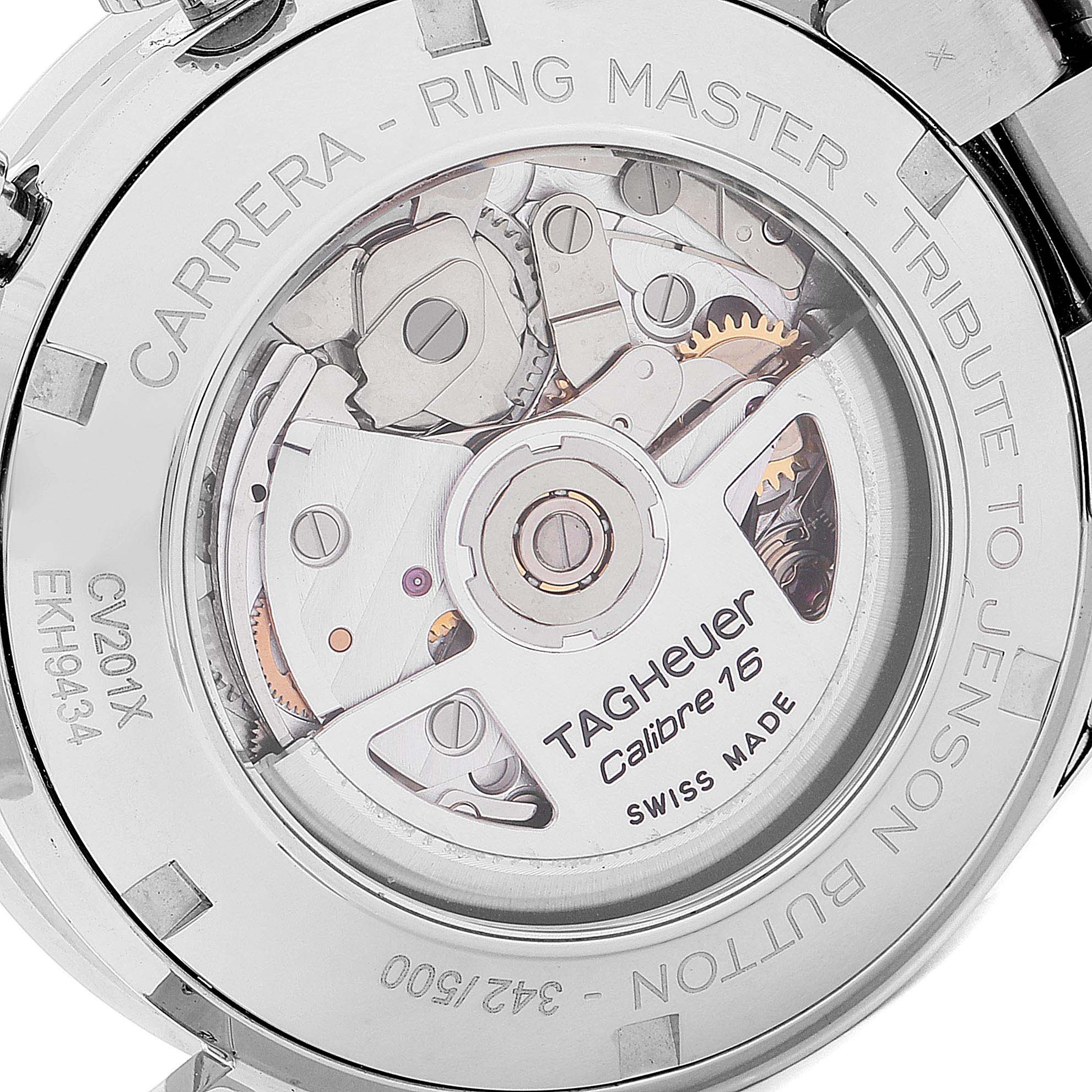 This image shows the back view of the Tag Heuer Carrera Ring Master Jenson Button Limited Edition, revealing its internal mechanism.