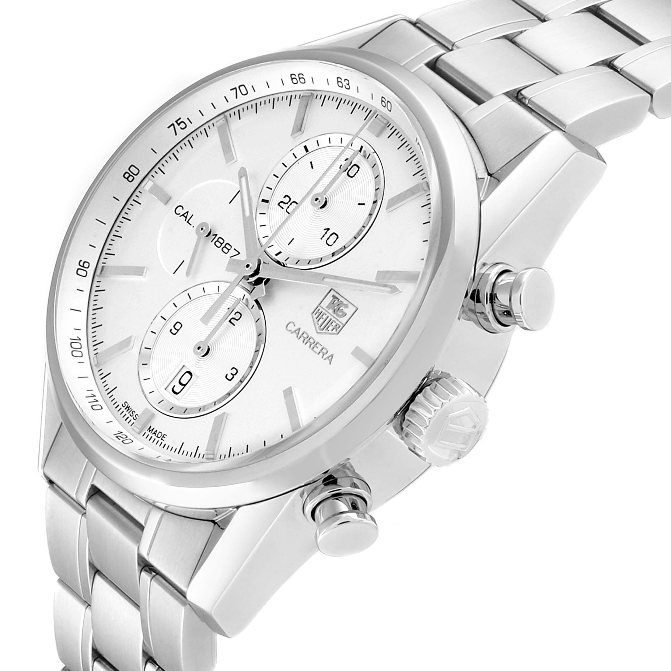 The Tag Heuer Carrera CAR2111.BA0720 Men
s Stainless Steel Silver Dial CAR2111.BA0720 Men
s Stainless Steel Silver Dial watch is shown at an angled side view, highlighting the face, crown, pushers, and metal bracelet.