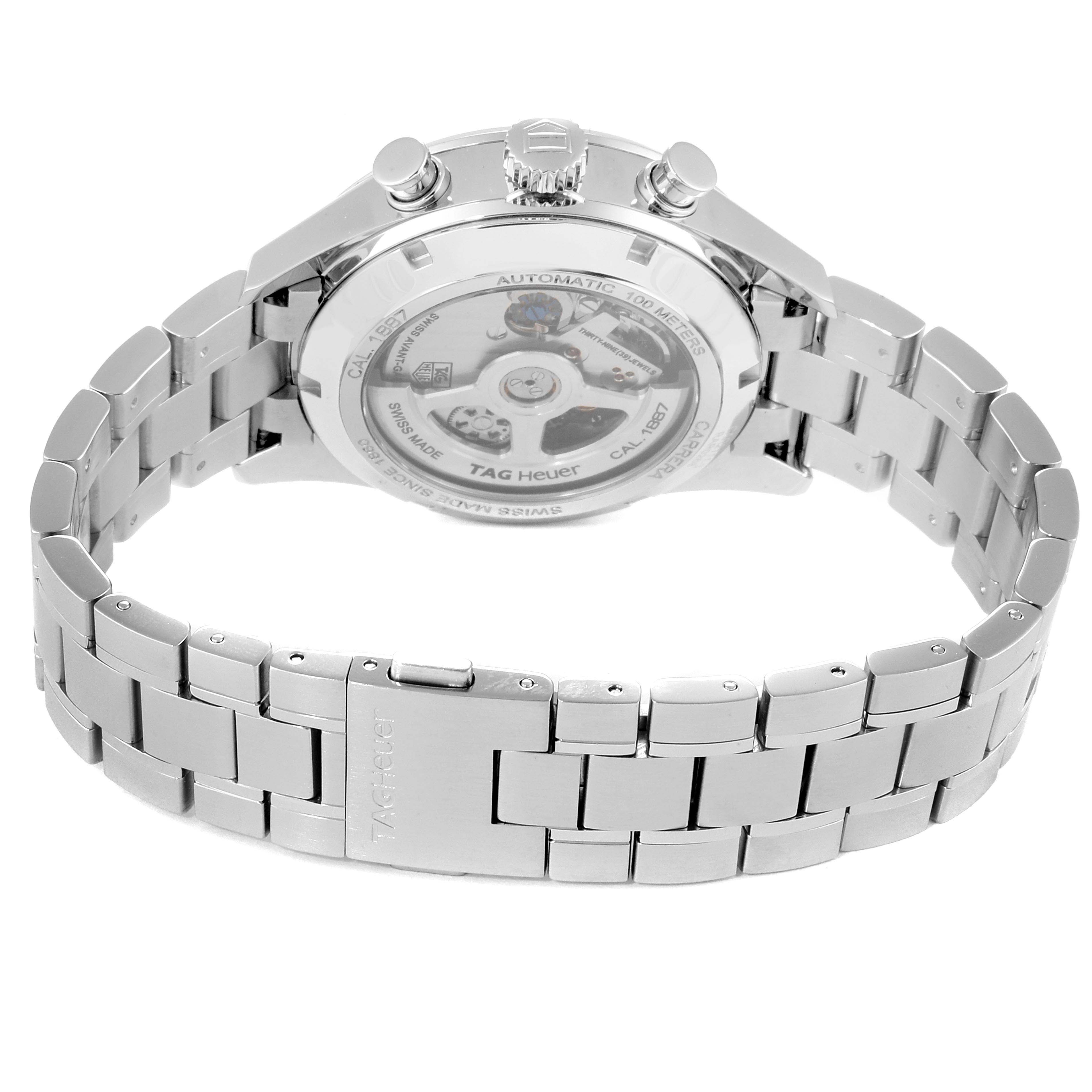 The image shows the back and metal bracelet of a Tag Heuer Carrera CAR2111.BA0720 Men
s Stainless Steel Silver Dial CAR2111.BA0720 Men
s Stainless Steel Silver Dial watch, highlighting its automatic movement and clasp.