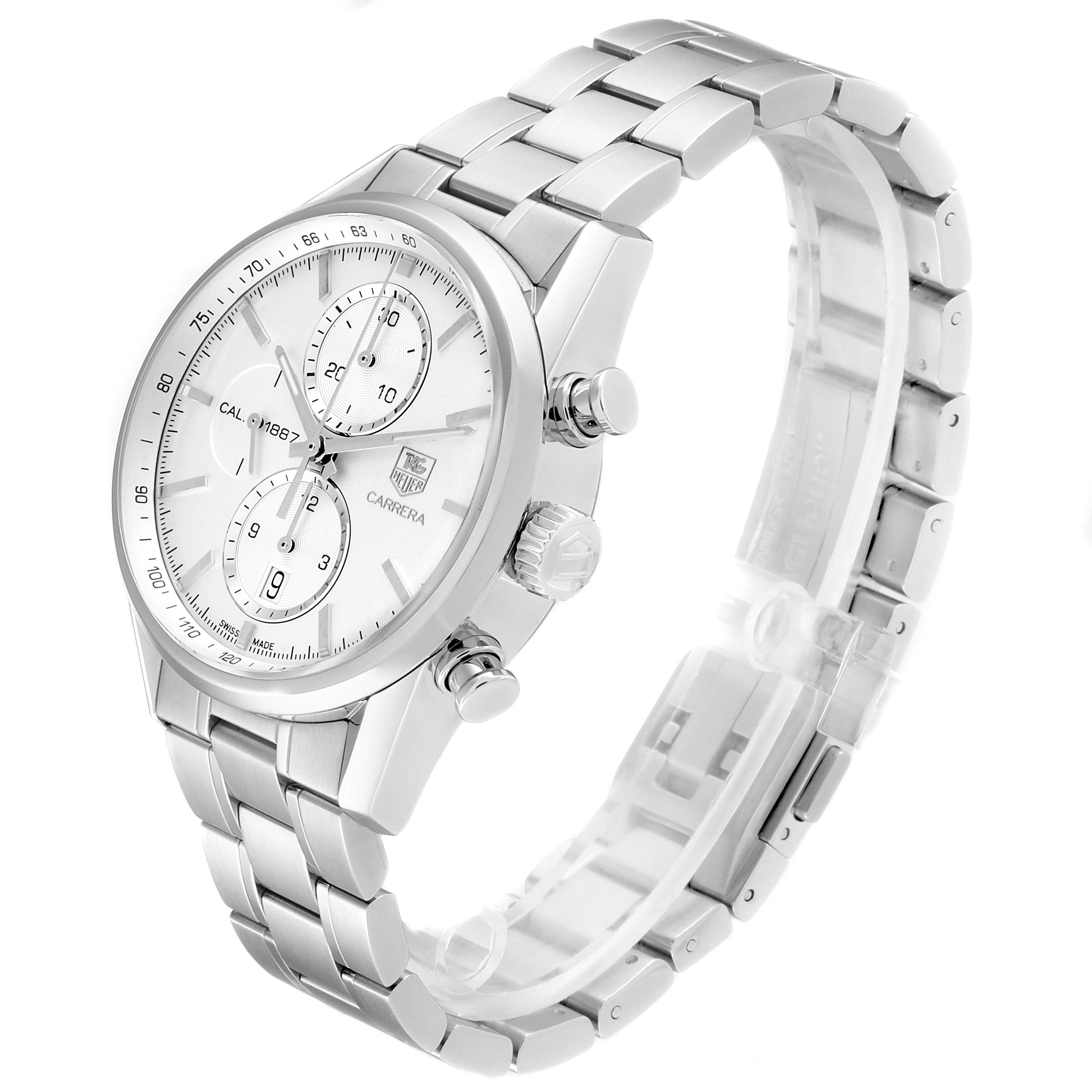 This Tag Heuer Carrera CAR2111.BA0720 Men
s Stainless Steel Silver Dial CAR2111.BA0720 Men
s Stainless Steel Silver Dial watch is shown at a slight angle, featuring its face, bezel, crown, chronograph buttons, and bracelet.