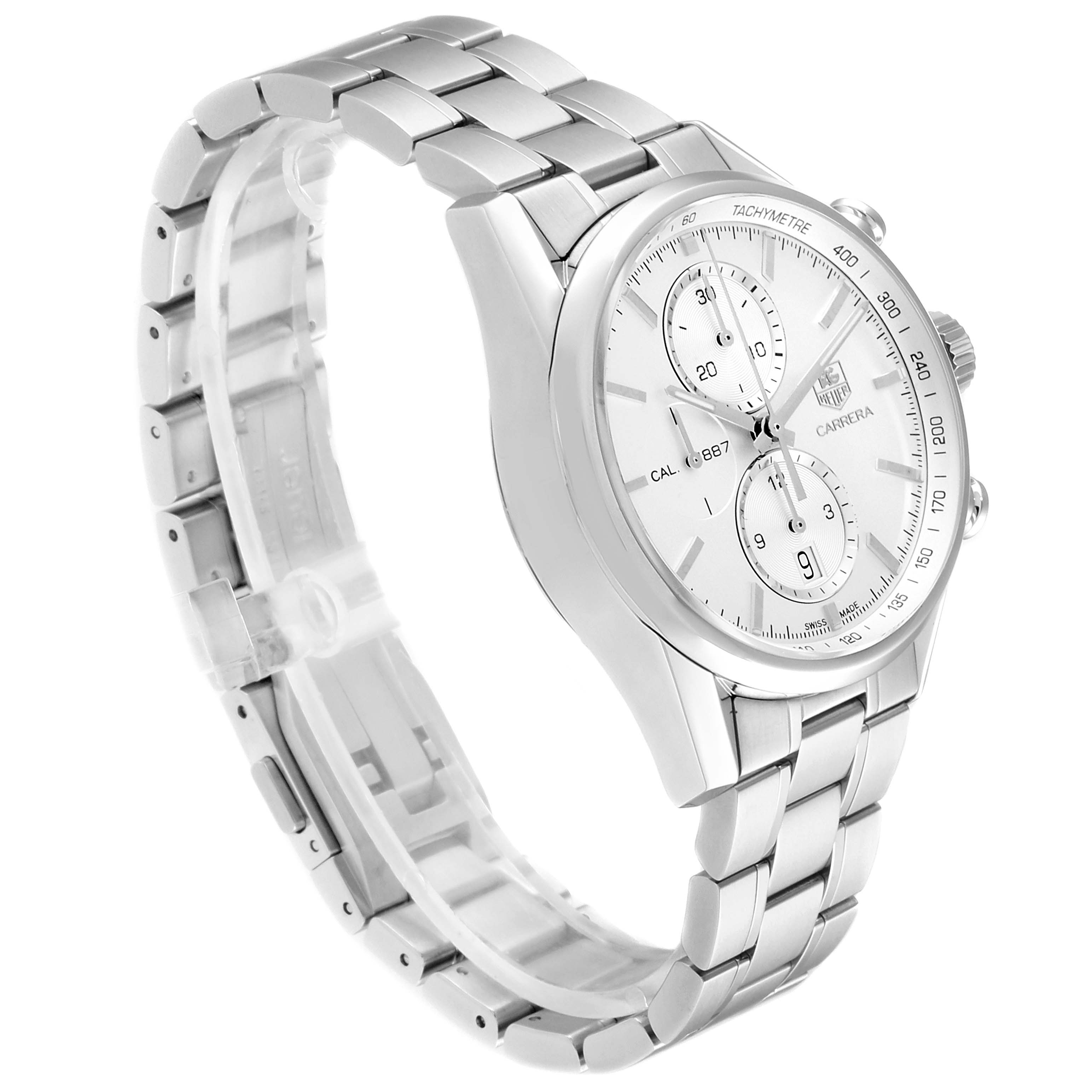The image shows a side angle of a Tag Heuer Carrera CAR2111.BA0720 Men
s Stainless Steel Silver Dial CAR2111.BA0720 Men
s Stainless Steel Silver Dial watch, highlighting its stainless steel band and tachymeter bezel.