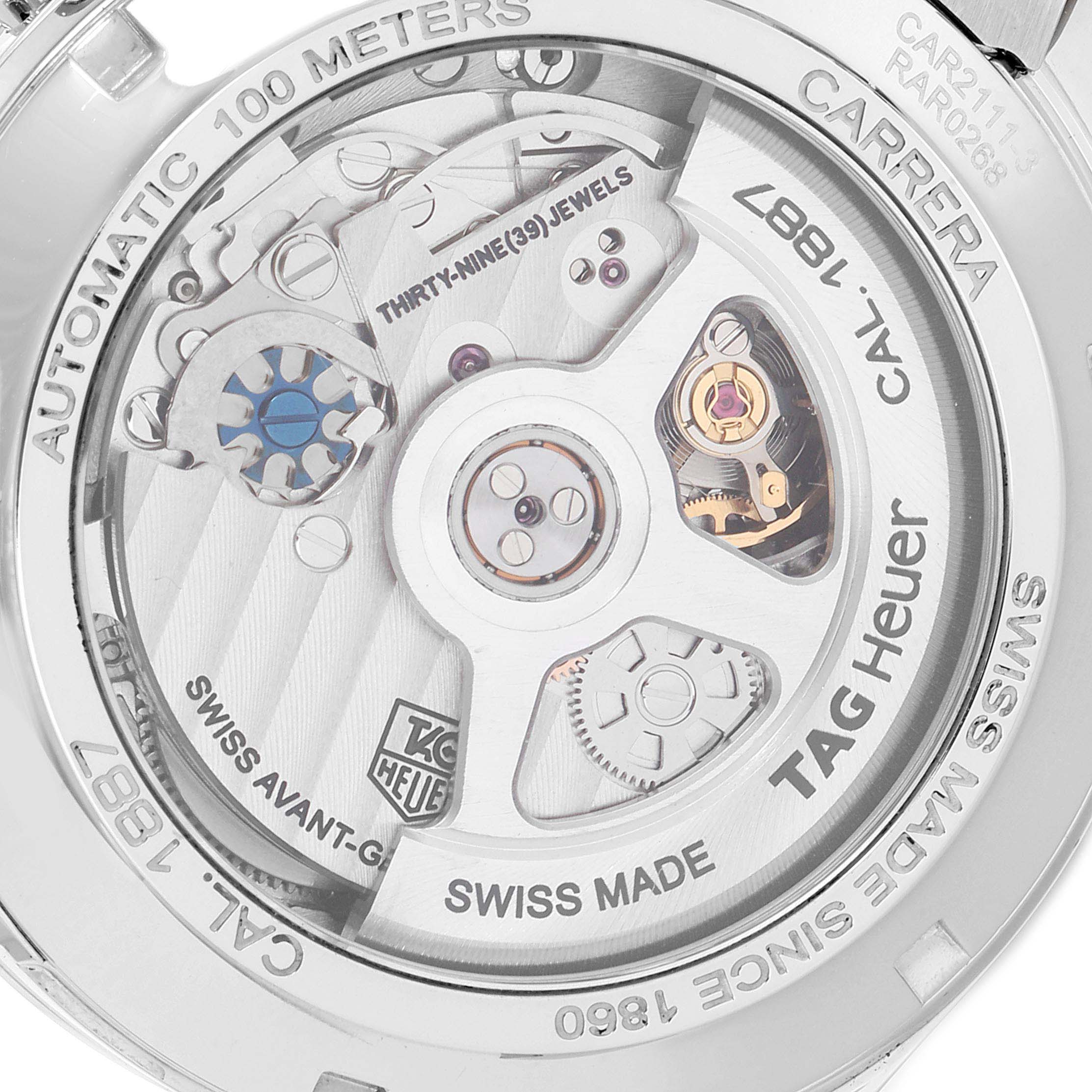 This image shows the back view of a Carrera model by Tag Heuer, revealing its automatic movement and internal mechanisms.
