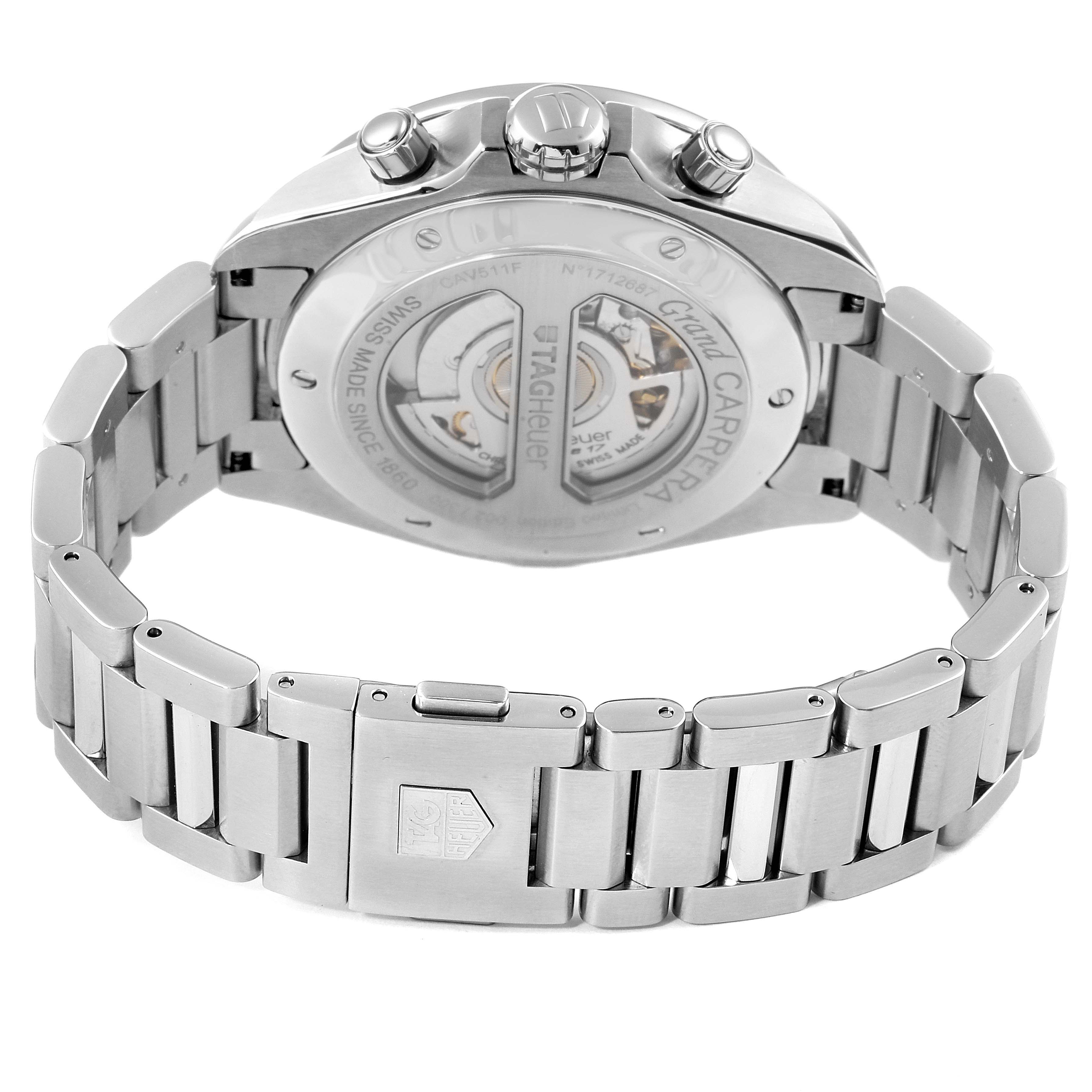 The image shows the backside view of the Limited Edition Tag Heuer Grand Carrera with an open case back and metal bracelet.