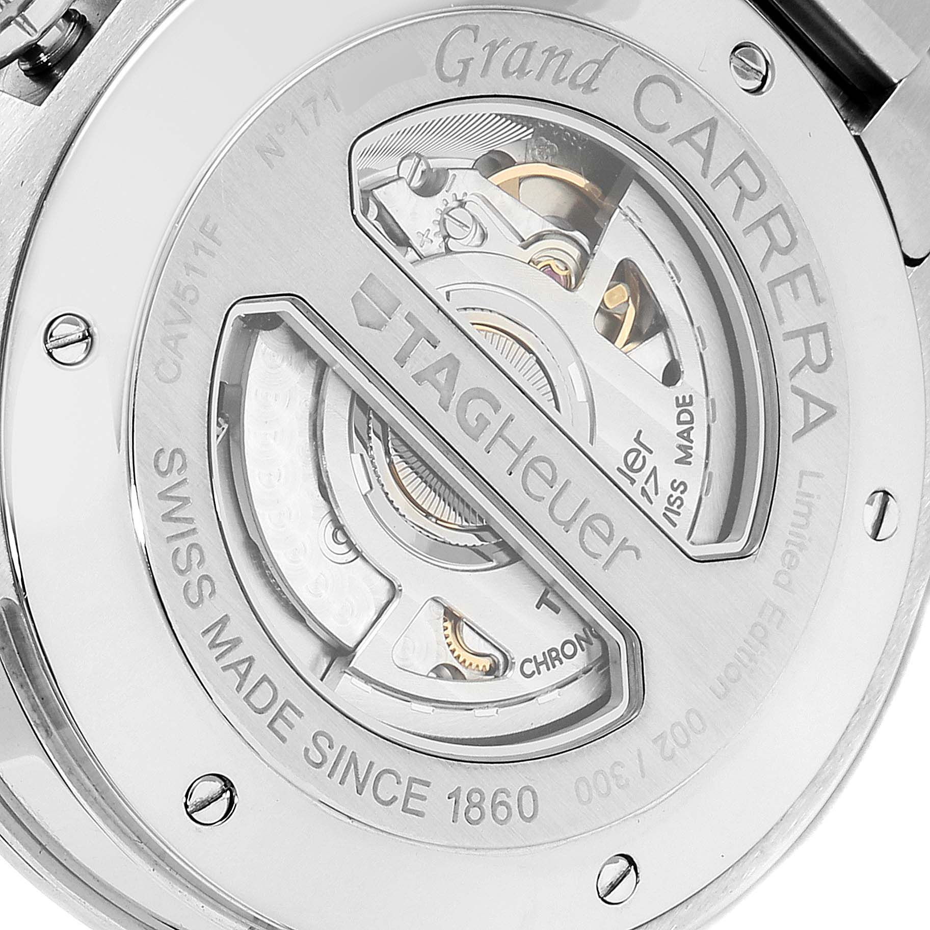 The image shows the back of the Tag Heuer Grand Carrera Limited Edition watch, highlighting its intricate movement and engravings.