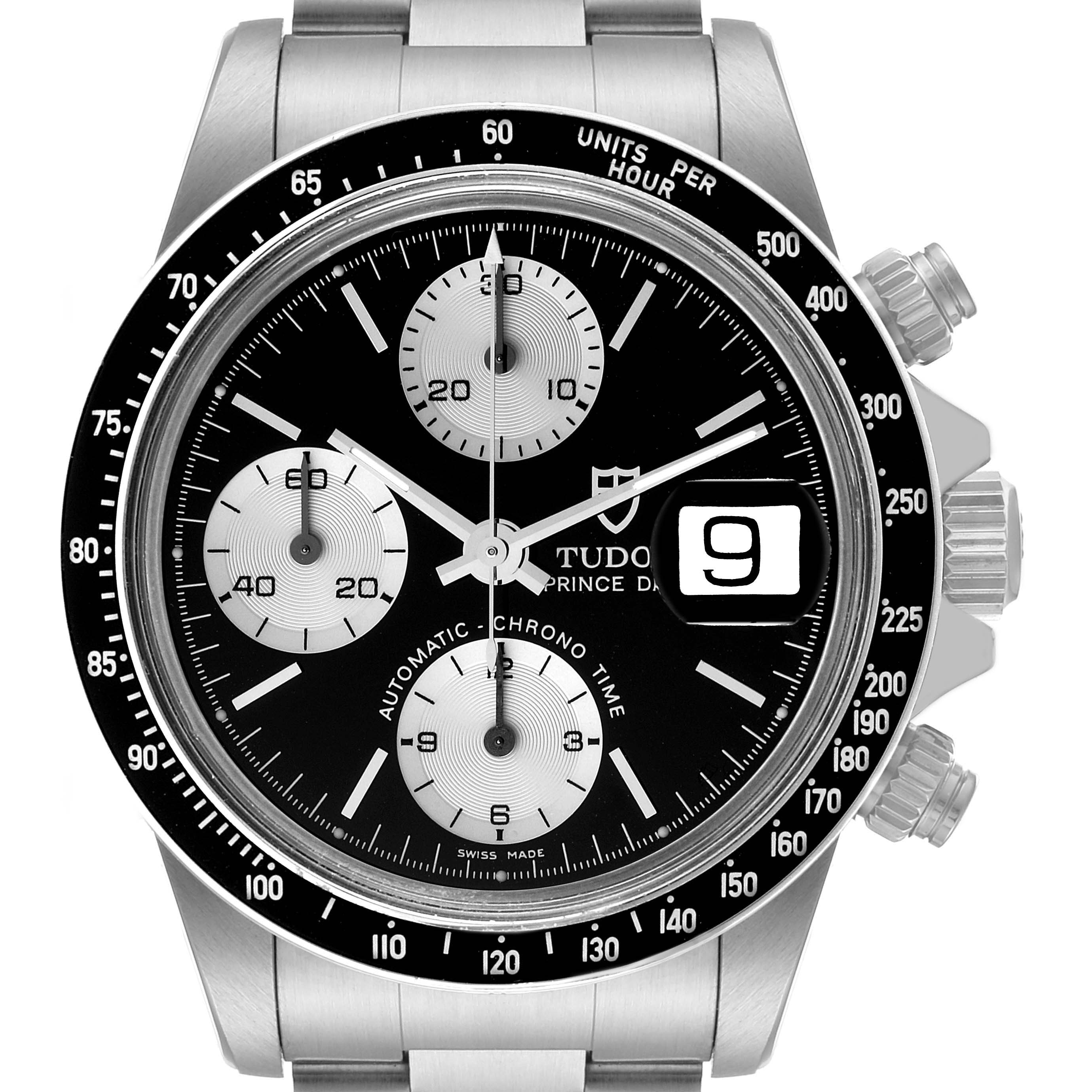 The image shows a front view of a Tudor Big Block 79160 Men's Stainless Steel Black Dial 79160 Men's Stainless Steel Black Dial watch displaying its face, chronograph subdials, date window, and bezel.