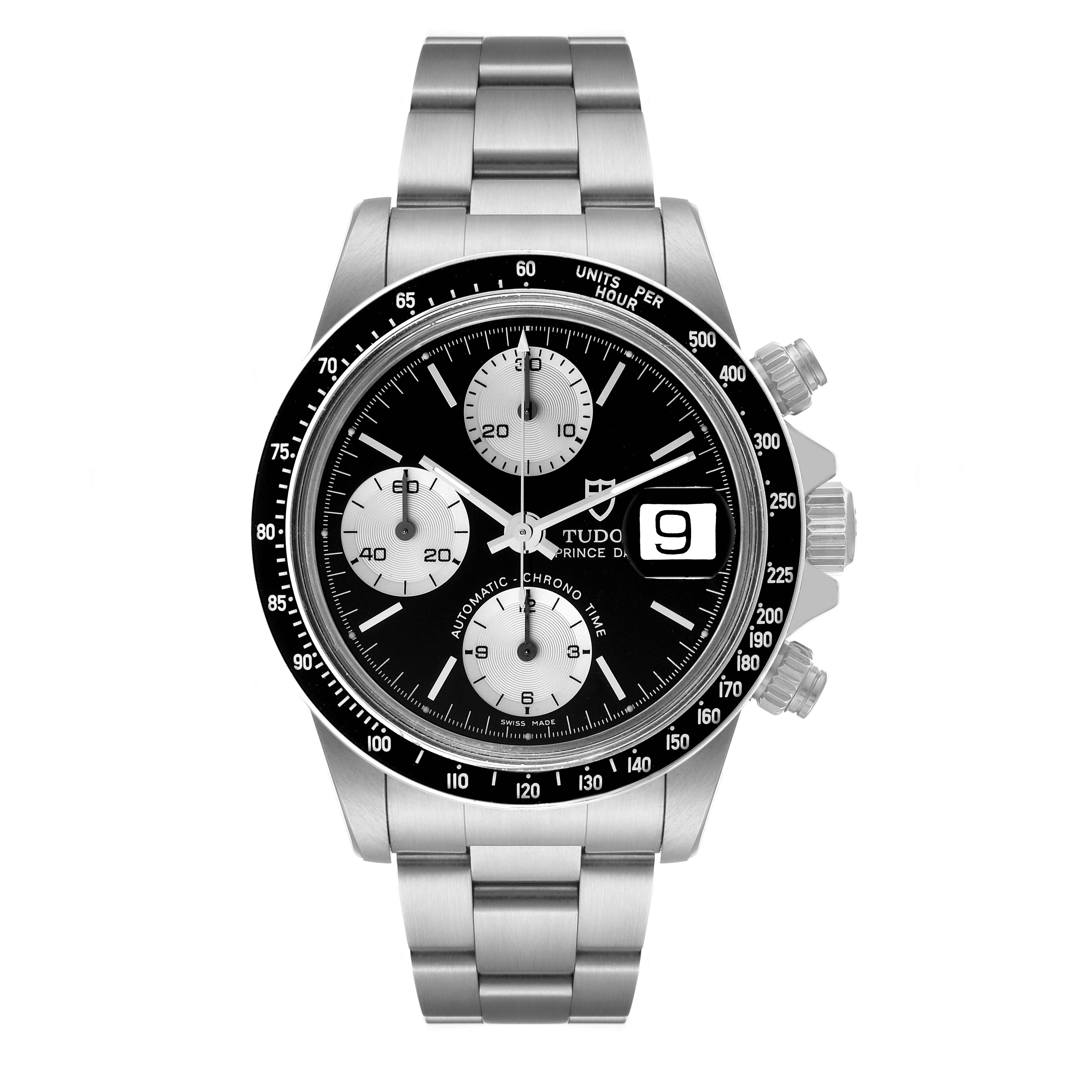 The watch is a Tudor Big Block 79160 Men's Stainless Steel Black Dial 79160 Men's Stainless Steel Black Dial model shown from a front view, displaying the face, bezel, pushers, crown, and bracelet.