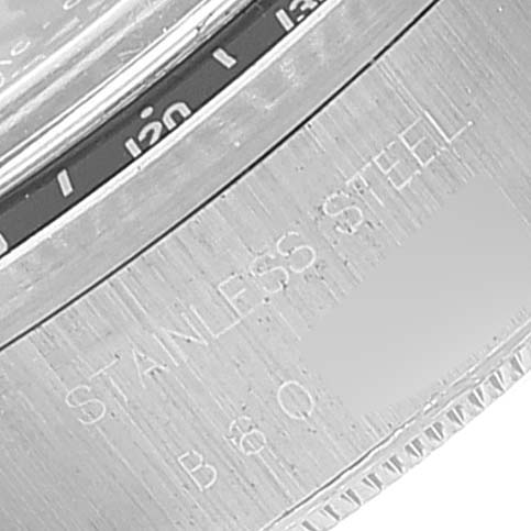 The image shows a close-up of the edge and bezel of a Tudor Big Block 79160 Men's Stainless Steel Black Dial 79160 Men's Stainless Steel Black Dial model watch, focusing on the "STAINLESS STEEL" engraving.