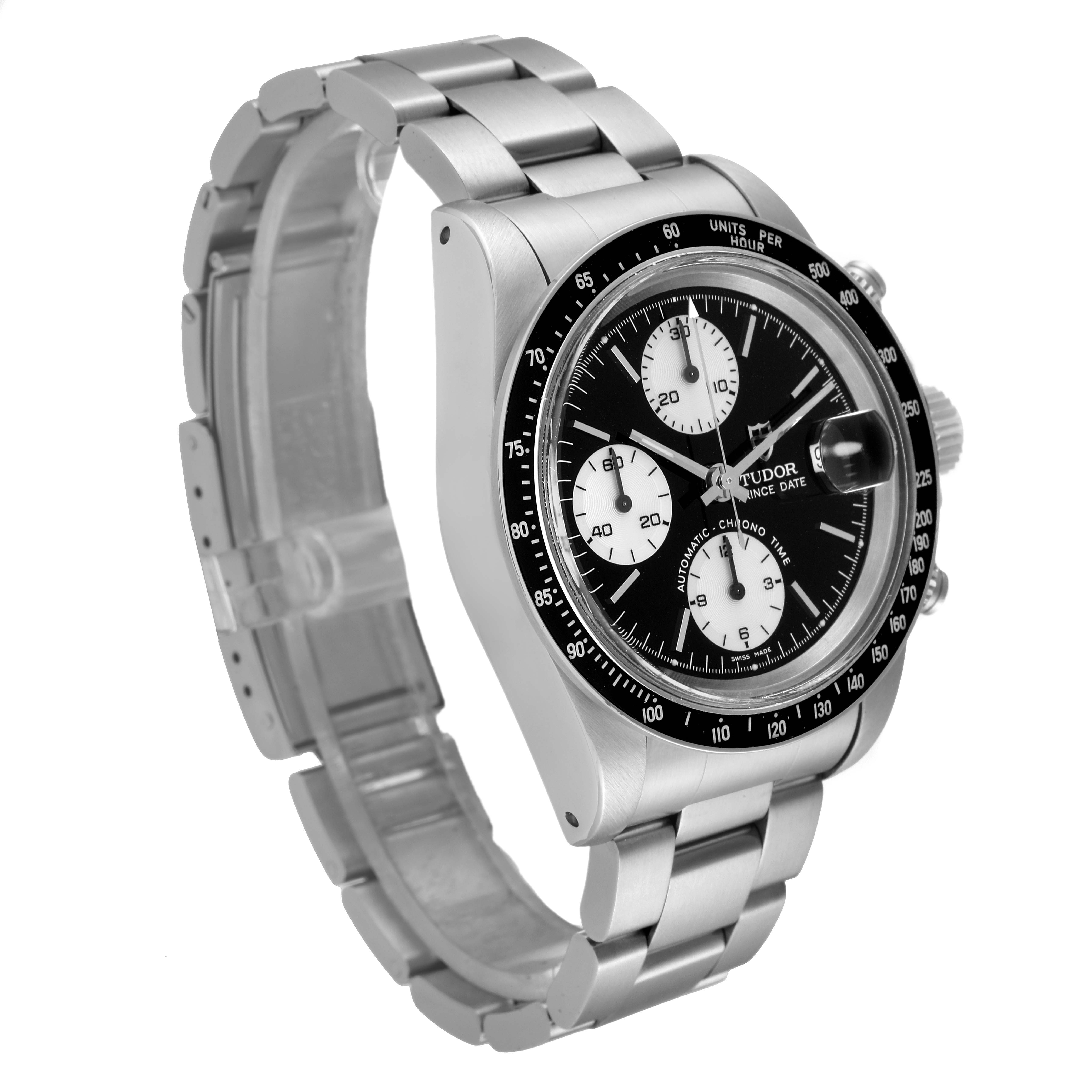 The image shows a side-view angle of the Tudor Big Block 79160 Men's Stainless Steel Black Dial 79160 Men's Stainless Steel Black Dial model watch, including the bracelet, case, and dial.