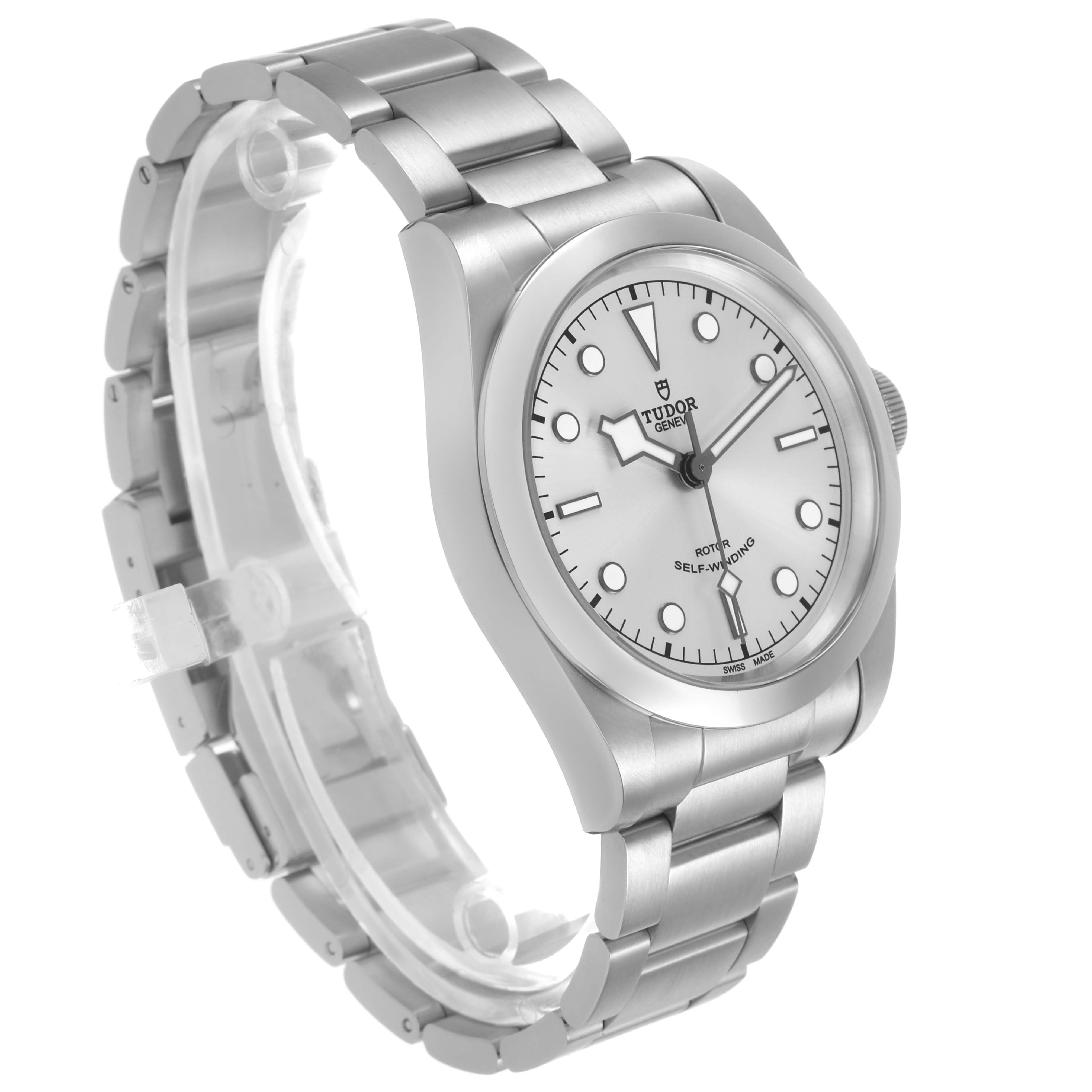 The Tudor Heritage Black Bay M79540 Men's Stainless Steel Silver Dial watch is shown at a three-quarter angle, displaying the face, case, and bracelet.