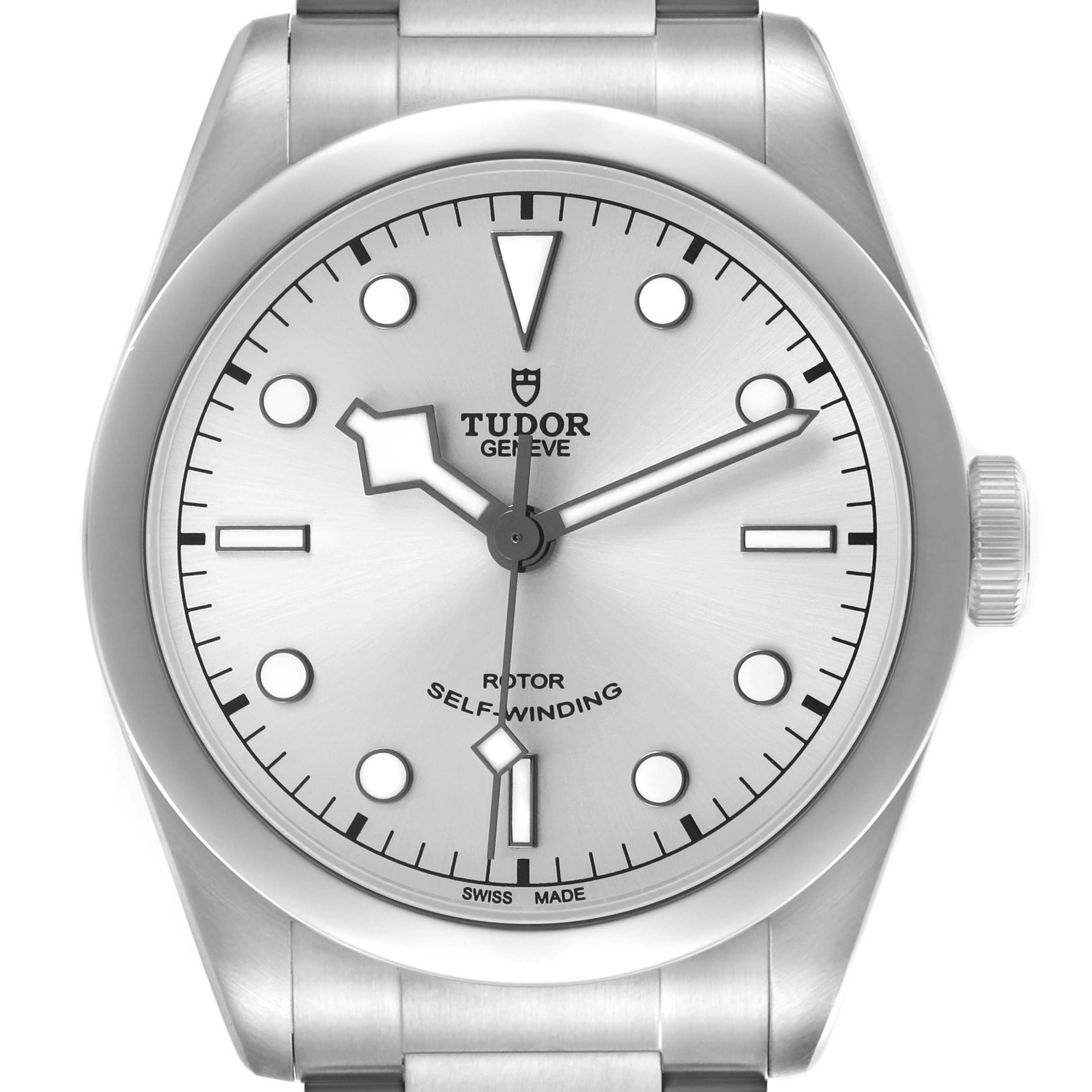 The image shows a frontal view of the Tudor Heritage Black Bay M79540 Men's Stainless Steel Silver Dial watch, highlighting its dial, hands, and bracelet.