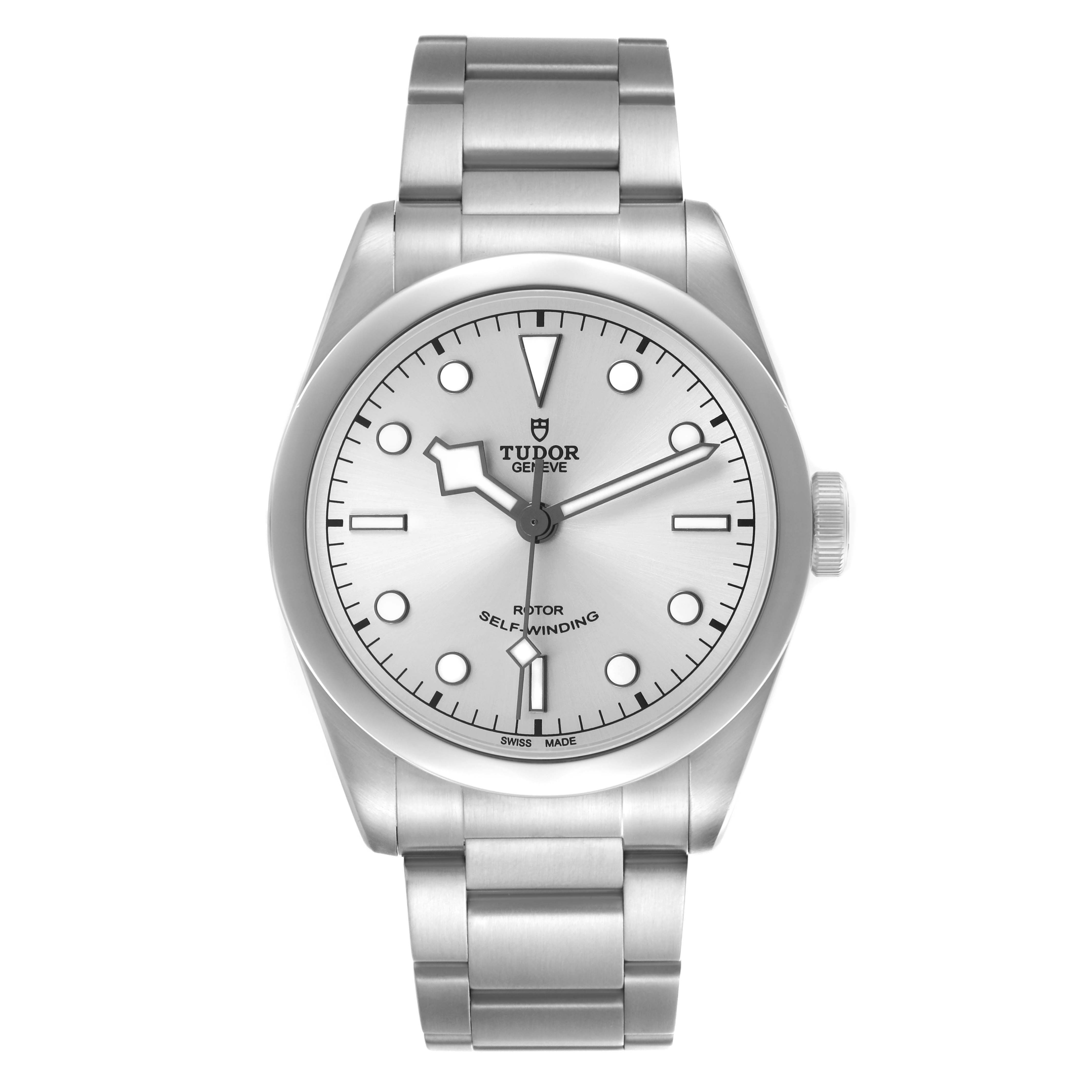 The Tudor Heritage Black Bay M79540 Men's Stainless Steel Silver Dial watch is shown from a front view, highlighting the dial, bezel, bracelet, and crown.