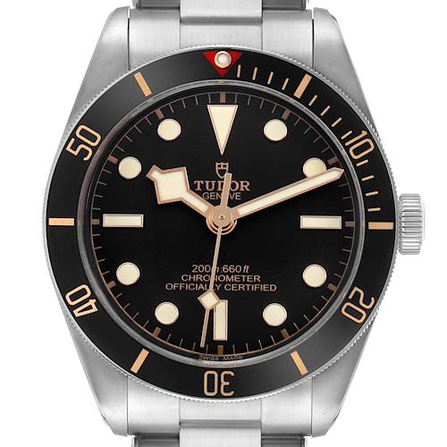 The Tudor Heritage Black Bay 79030 Men's Stainless Steel Black Dial watch is shown from the front, displaying the dial, bezel, crown, and part of the bracelet.