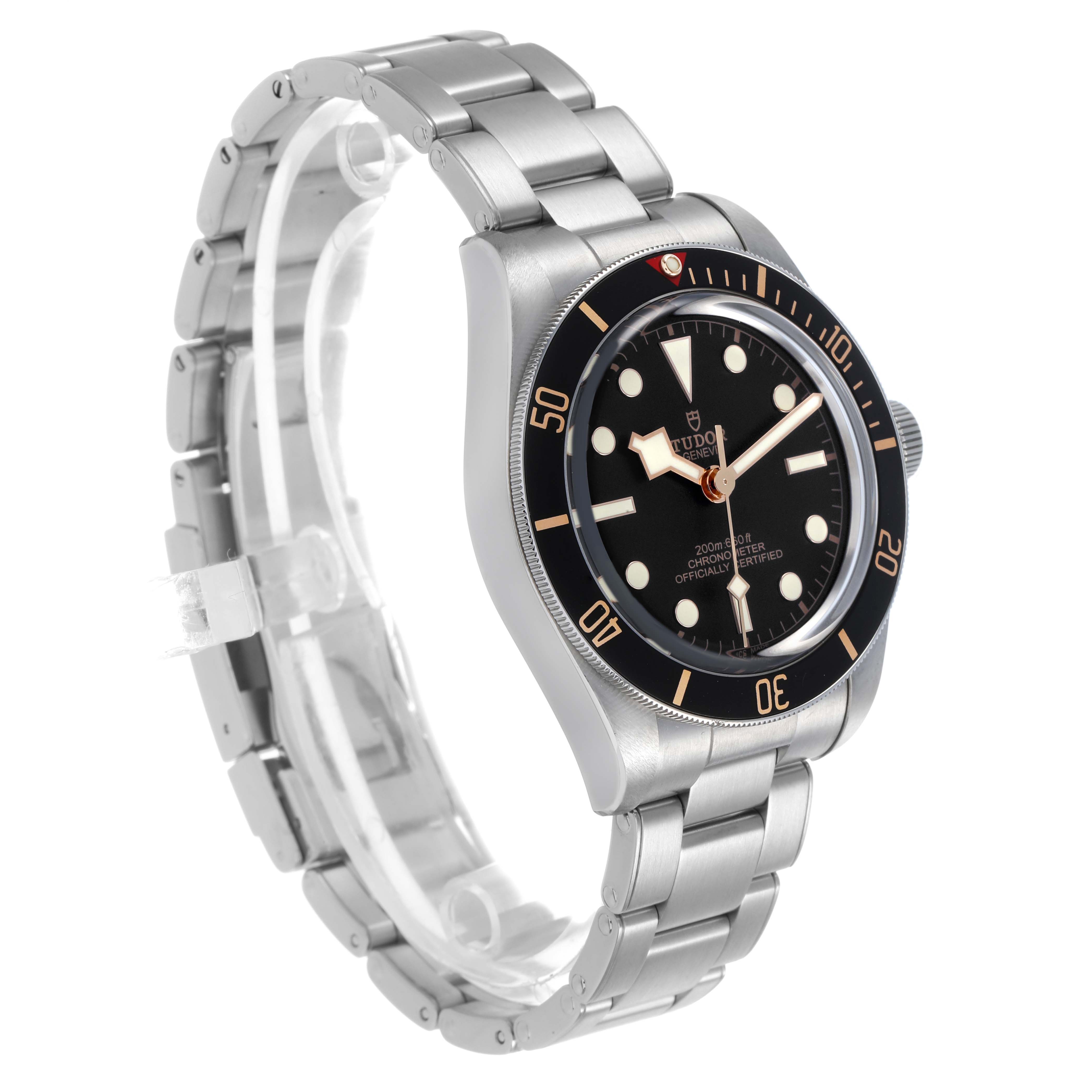 The Tudor Heritage Black Bay 79030 Men's Stainless Steel Black Dial is shown at a side angle, displaying its bezel, dial, and bracelet.