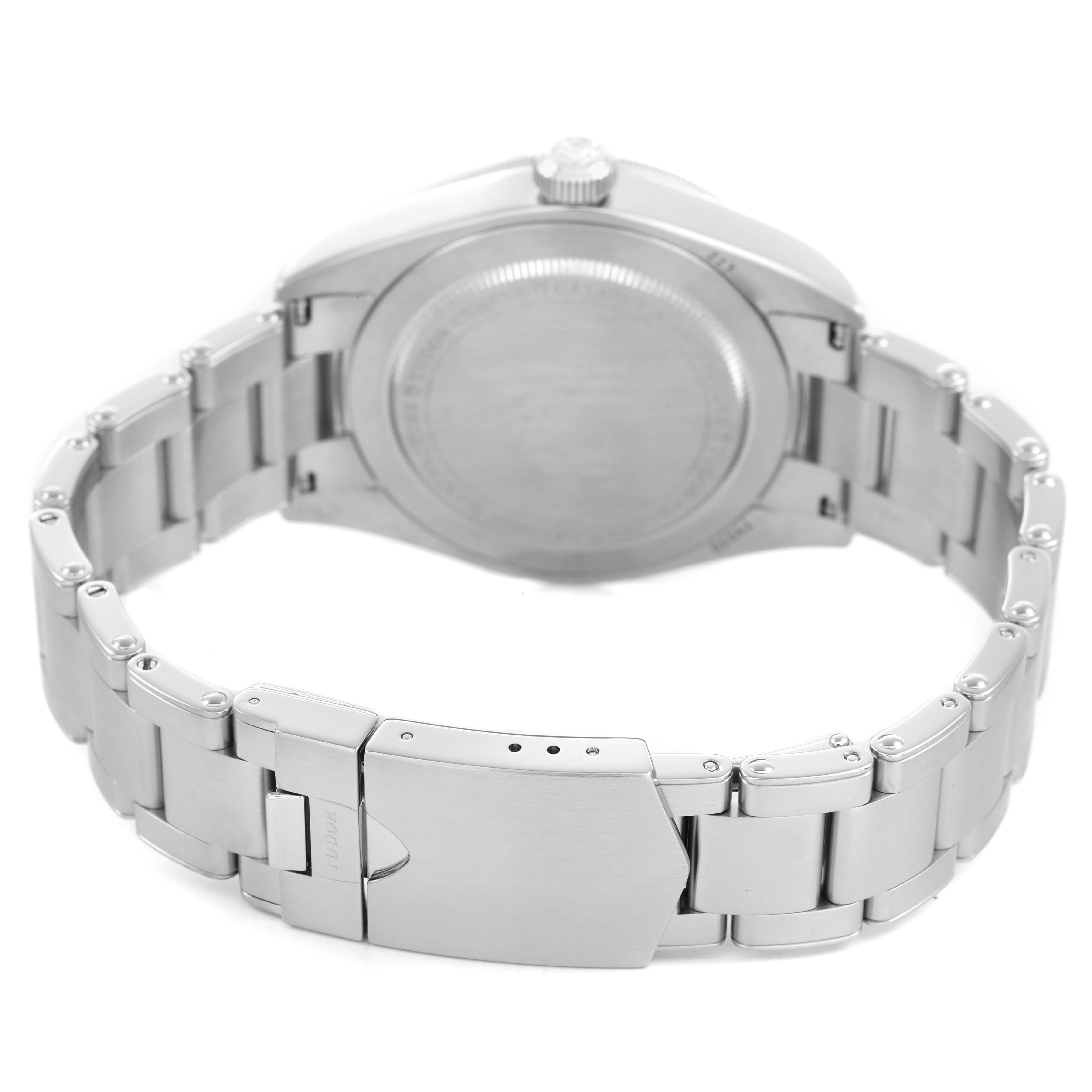 The image shows the back view of the Tudor Heritage Black Bay 79030 Men's Stainless Steel Black Dial watch, highlighting the bracelet and clasp.