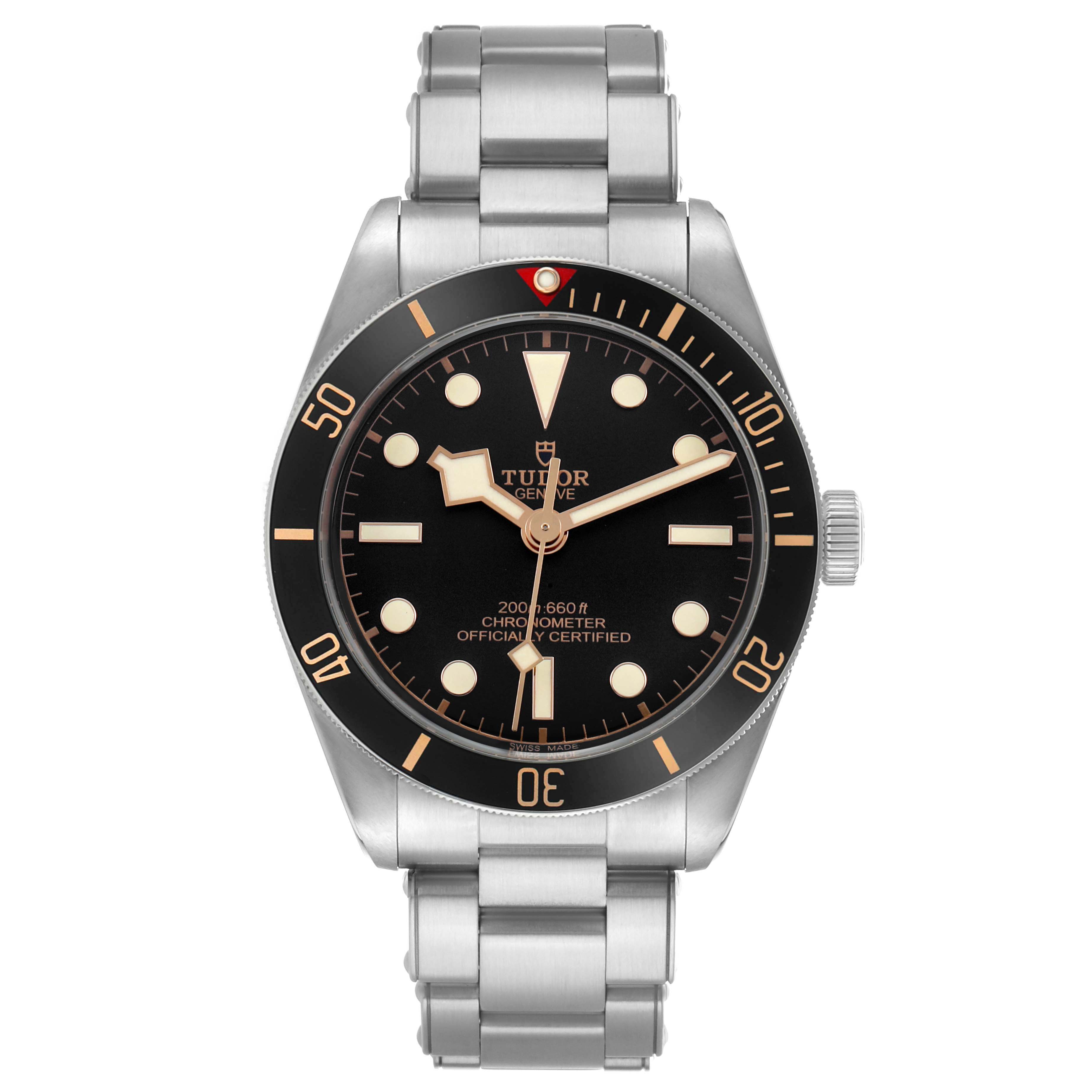 The Tudor Heritage Black Bay 79030 Men's Stainless Steel Black Dial watch is shown from the front, highlighting its dial, bezel, and bracelet.