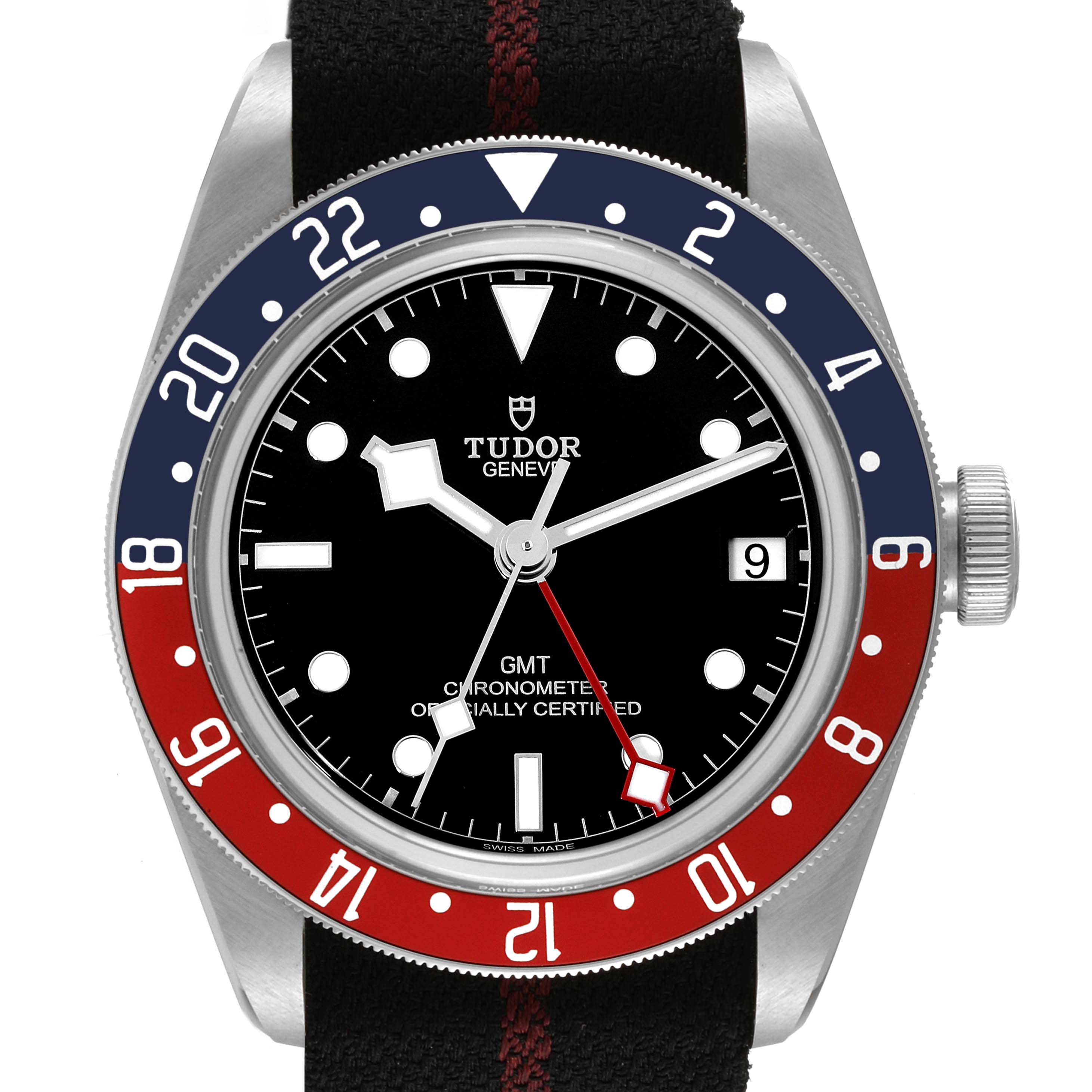 The image shows a frontal view of the Tudor Heritage Black Bay 79830RB Men
s Stainless Steel Black Dial 79830RB Men
s Stainless Steel Black Dial watch, highlighting its bezel, black dial, and hands.