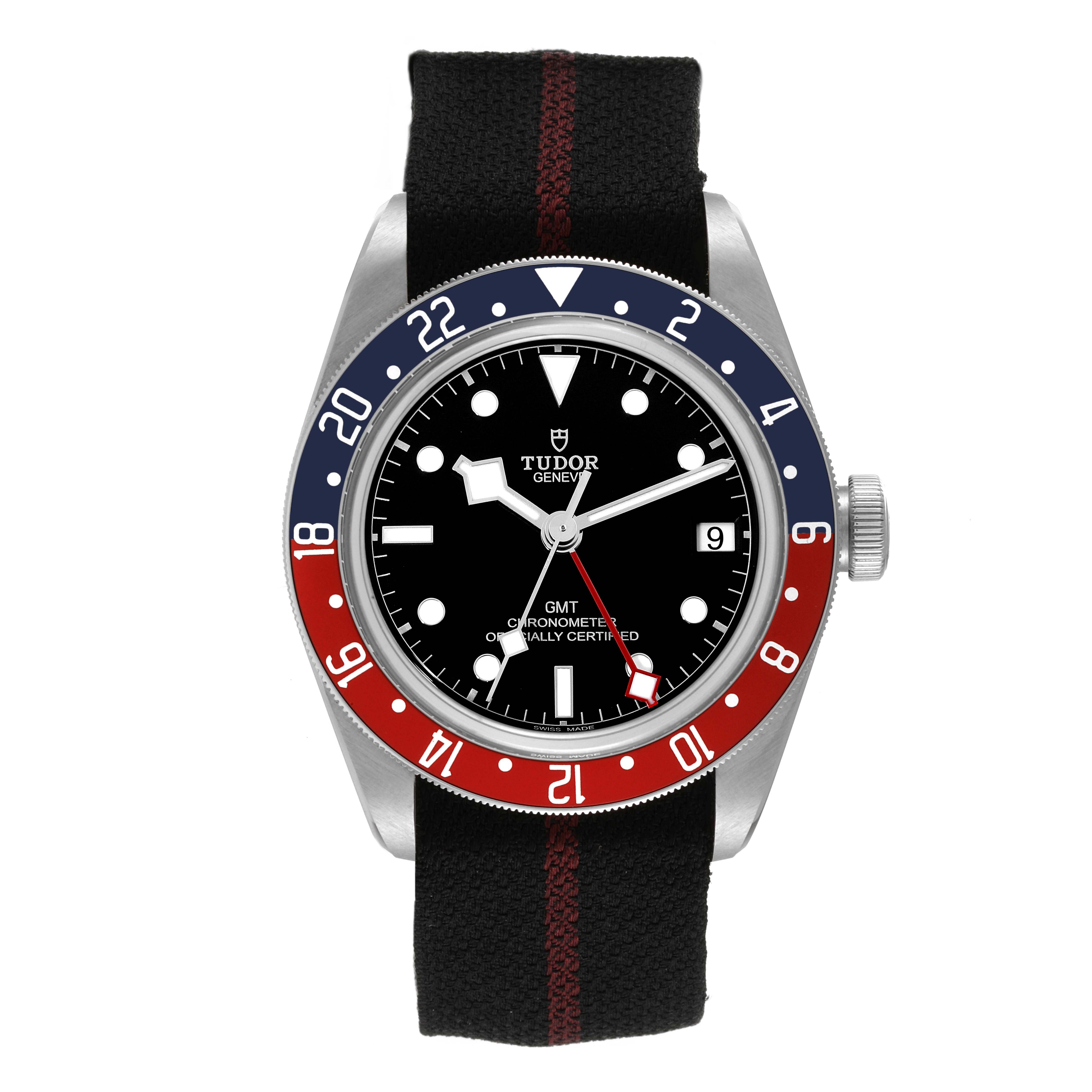 The image shows a front view of the Tudor Heritage Black Bay 79830RB Men
s Stainless Steel Black Dial 79830RB Men
s Stainless Steel Black Dial GMT watch displaying its dial, bezel, and fabric strap.
