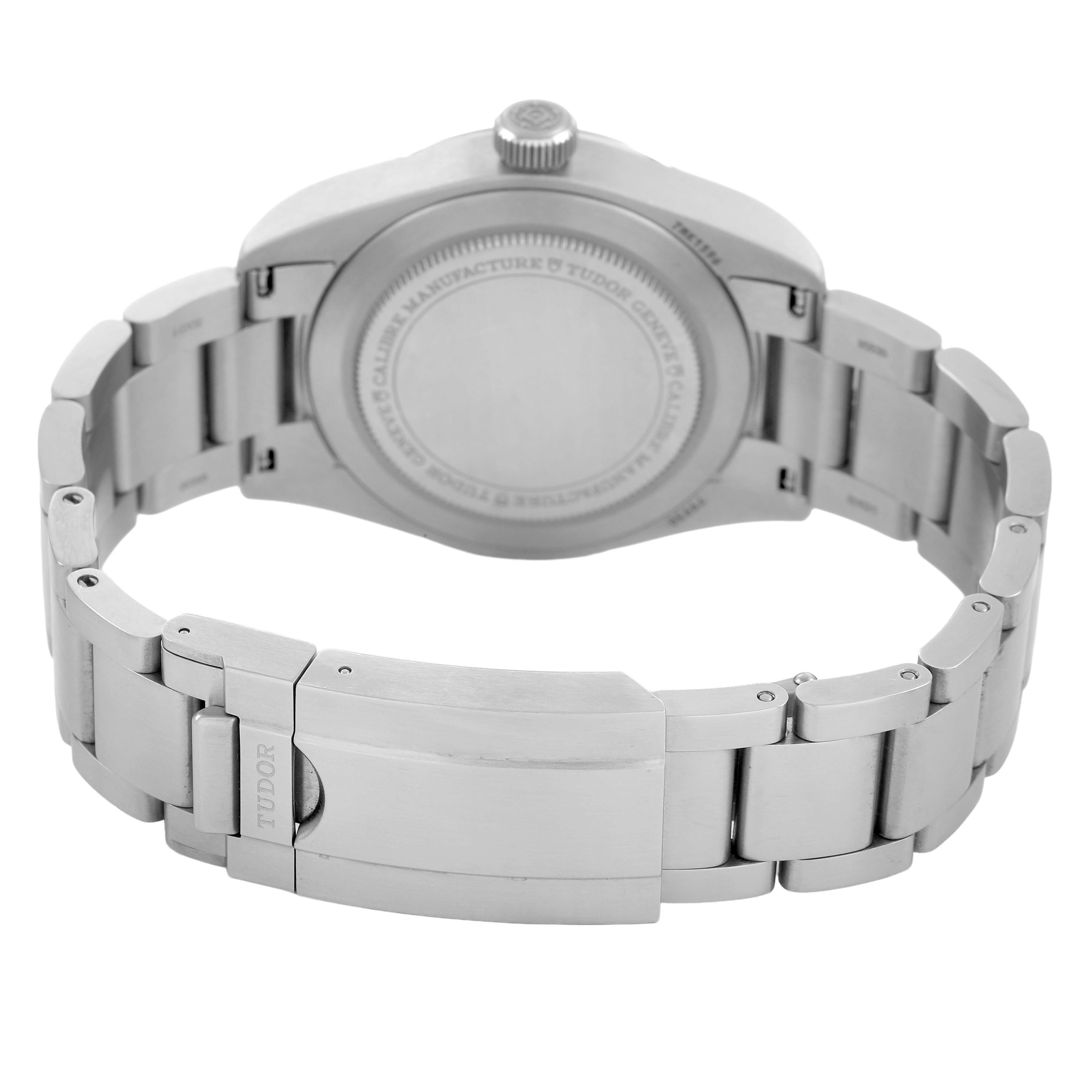 The image shows the back and bracelet clasp of a Tudor Heritage Ranger 79930 Men's Stainless Steel Beige Dial watch, highlighting its stainless steel construction.