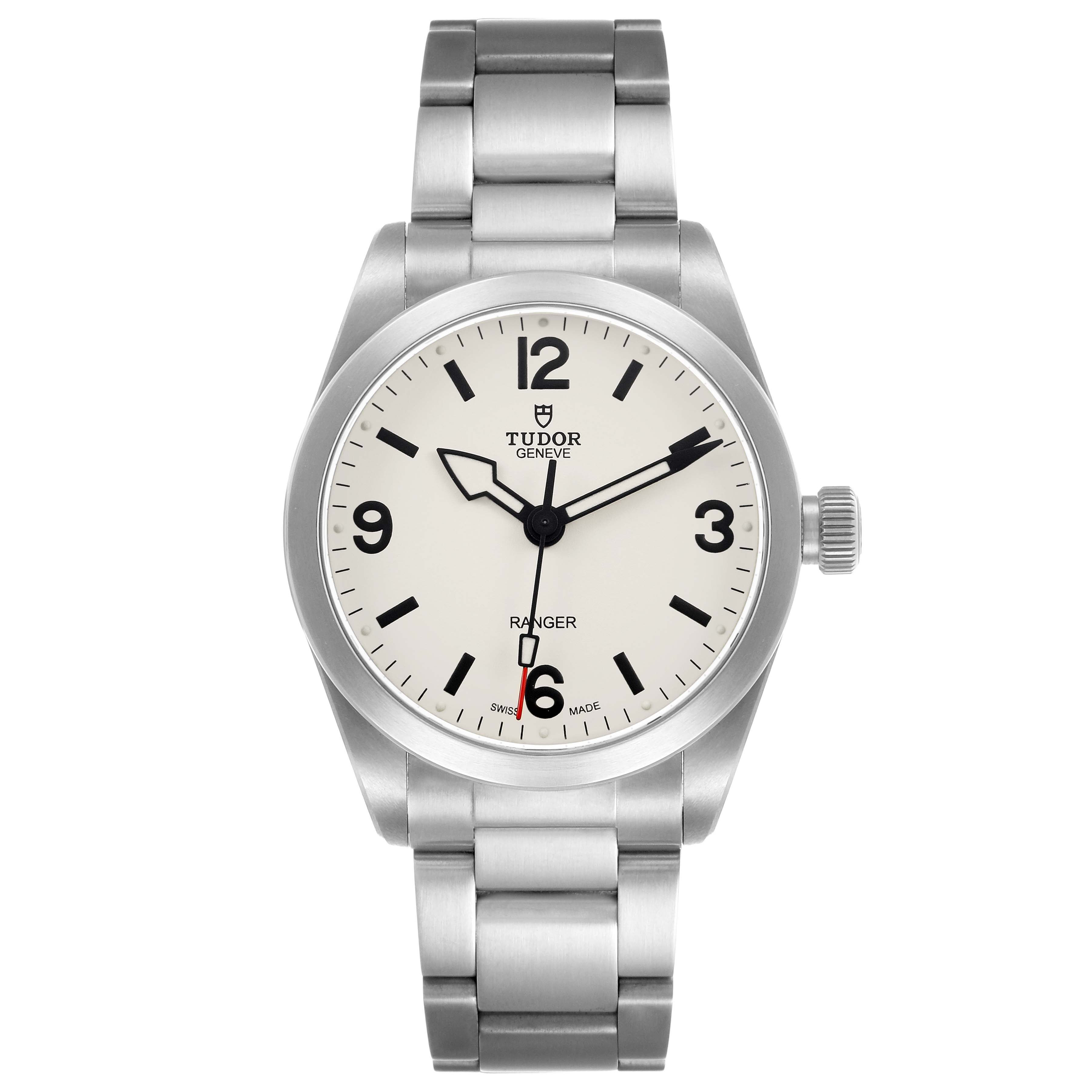 The Tudor Heritage Ranger 79930 Men's Stainless Steel Beige Dial watch is shown from the front, displaying the dial, bezel, and bracelet.