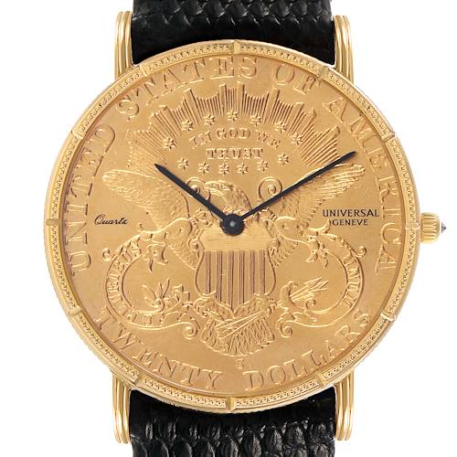 The Universal Genève 1896 Men's Yellow Gold Yellow Dial 20 Dollars Double Eagle watch is shown from the front, highlighting the coin face and black textured strap.