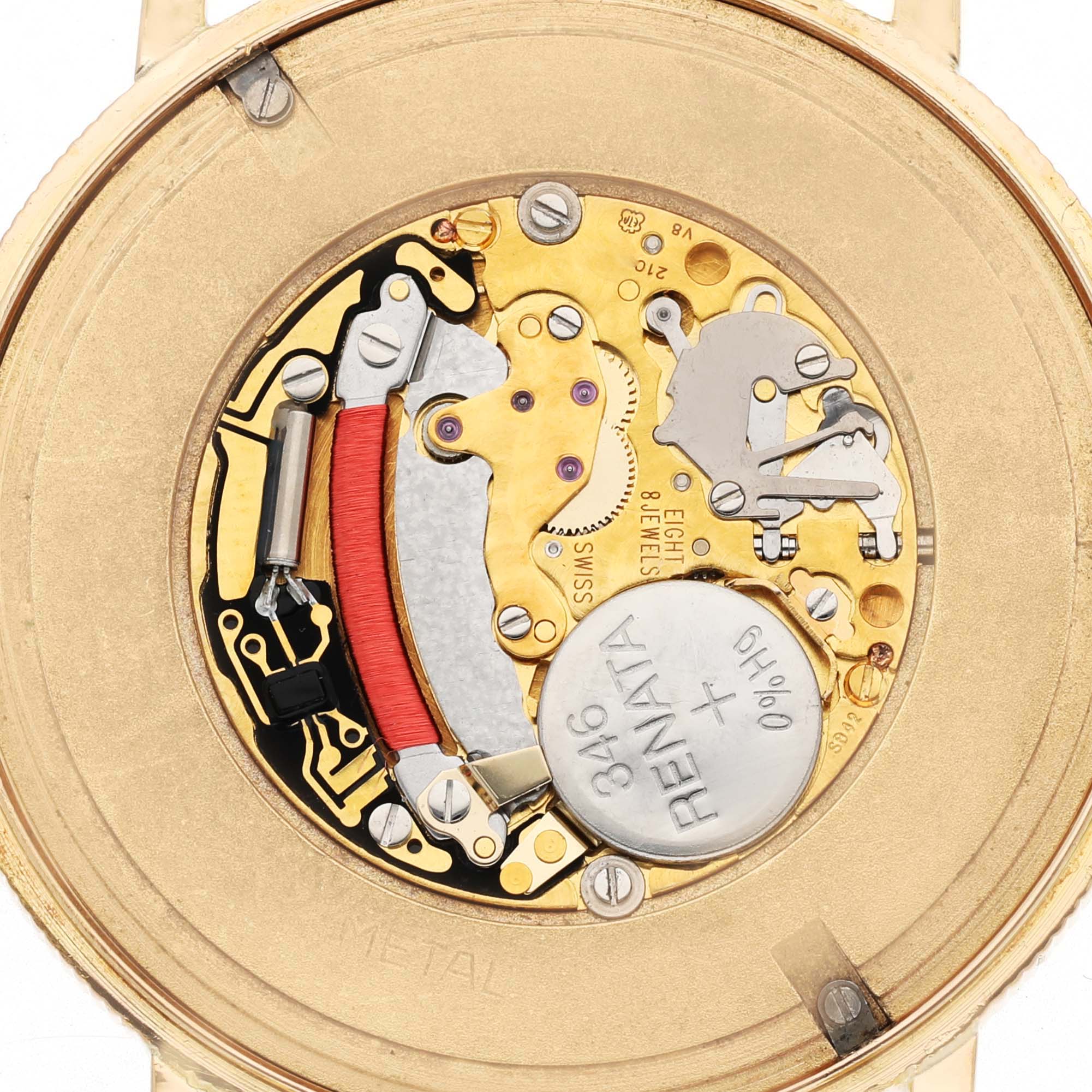 The image shows the back view of a Universal Genève 1896 Men's Yellow Gold Yellow Dial 20 Dollars Double Eagle Yellow Gold Coin watch, highlighting its movement.