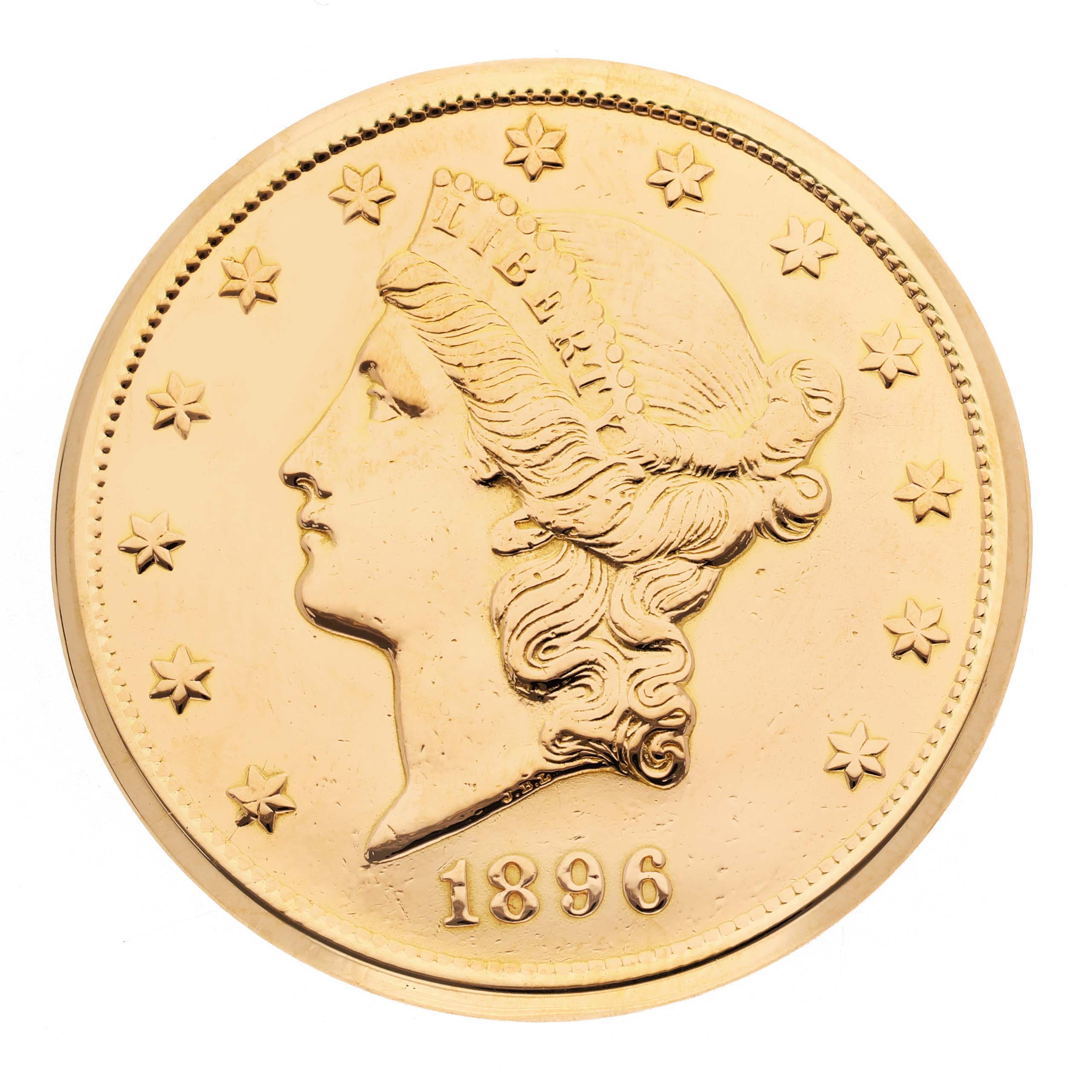 This image shows the front view of the Universal Genève 1896 Men's Yellow Gold Yellow Dial 20 Dollars Double Eagle Yellow Gold Coin, featuring an embossed portrait and date.