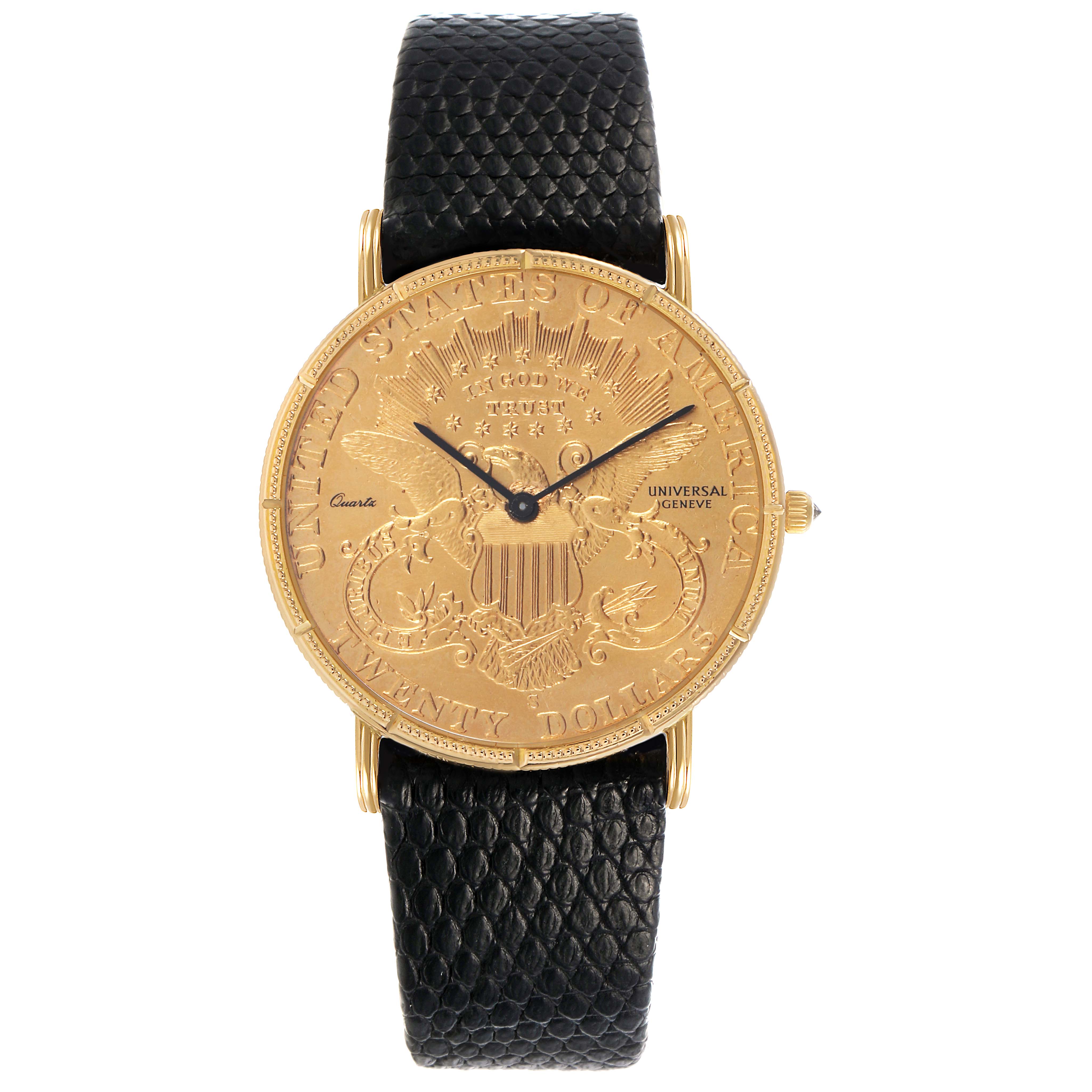 The Universal Geneve 20 Dollars Double Eagle watch is shown from a front angle, highlighting its coin face and black strap.