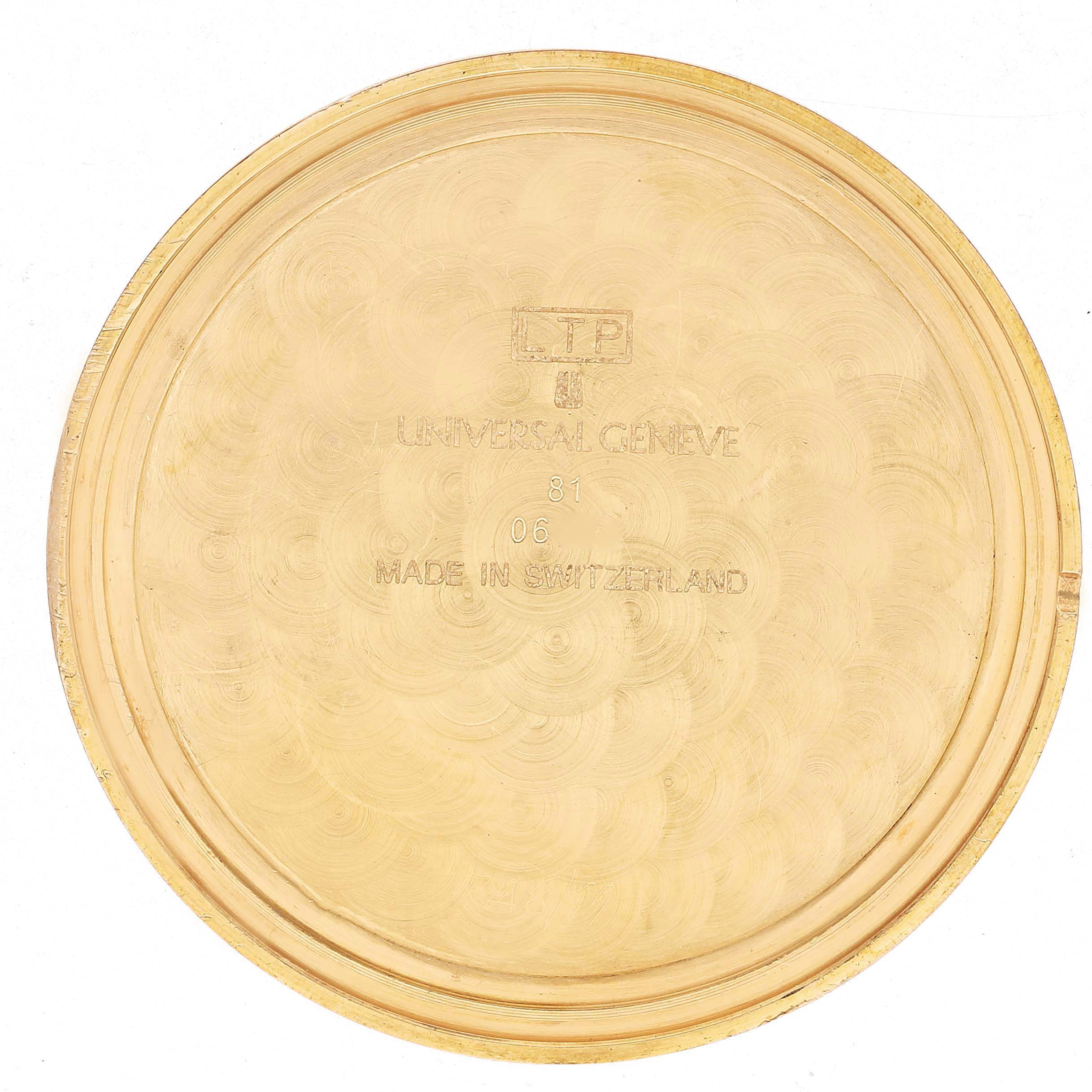The image shows the inside case back of the Universal Genève 1896 Men's Yellow Gold Yellow Dial 20 Dollars Double Eagle Yellow Gold Coin Men's Watch.