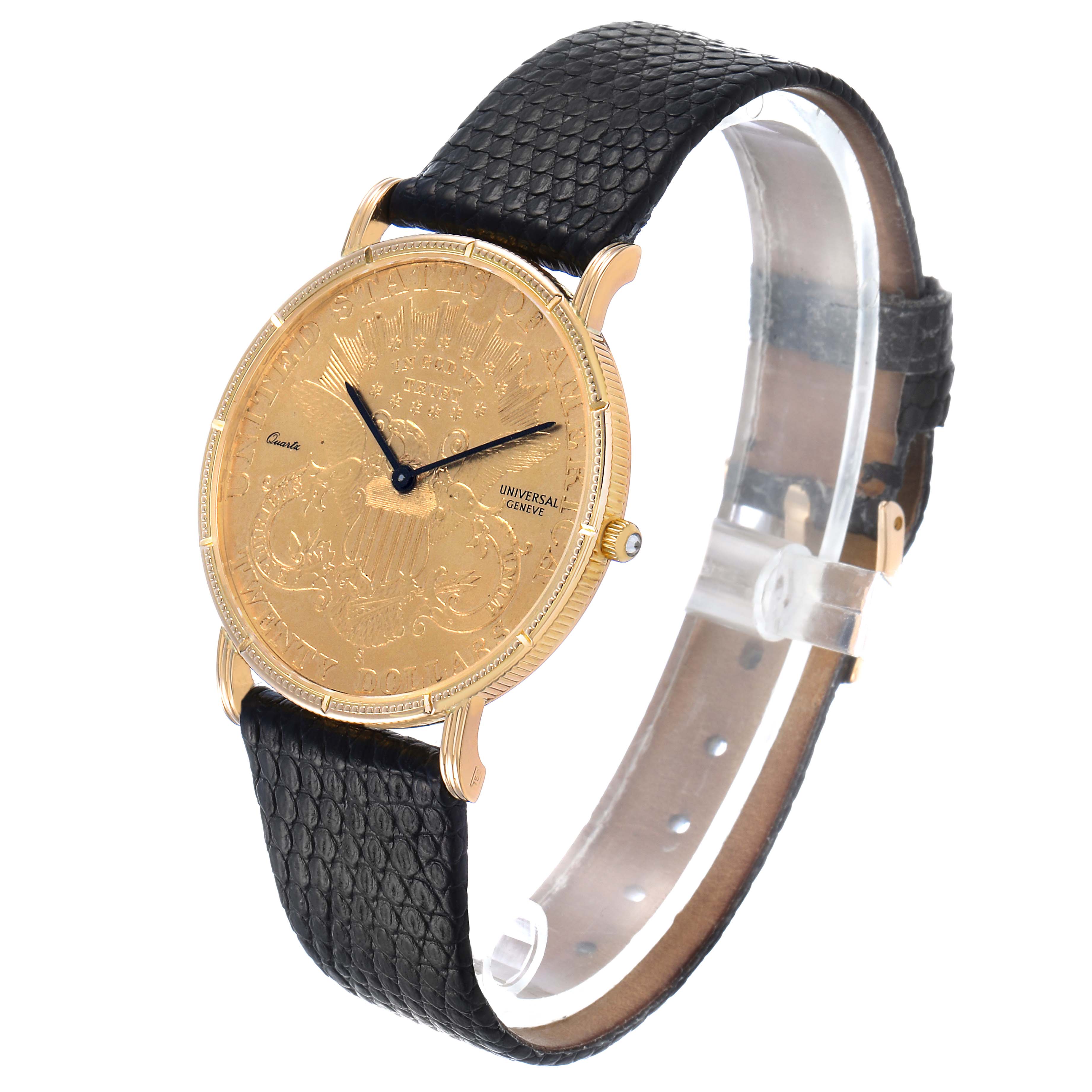 The Universal Genève 1896 Men's Yellow Gold Yellow Dial 20 Dollars Double Eagle watch is shown at a 3/4 angle, highlighting the gold coin dial and leather strap.