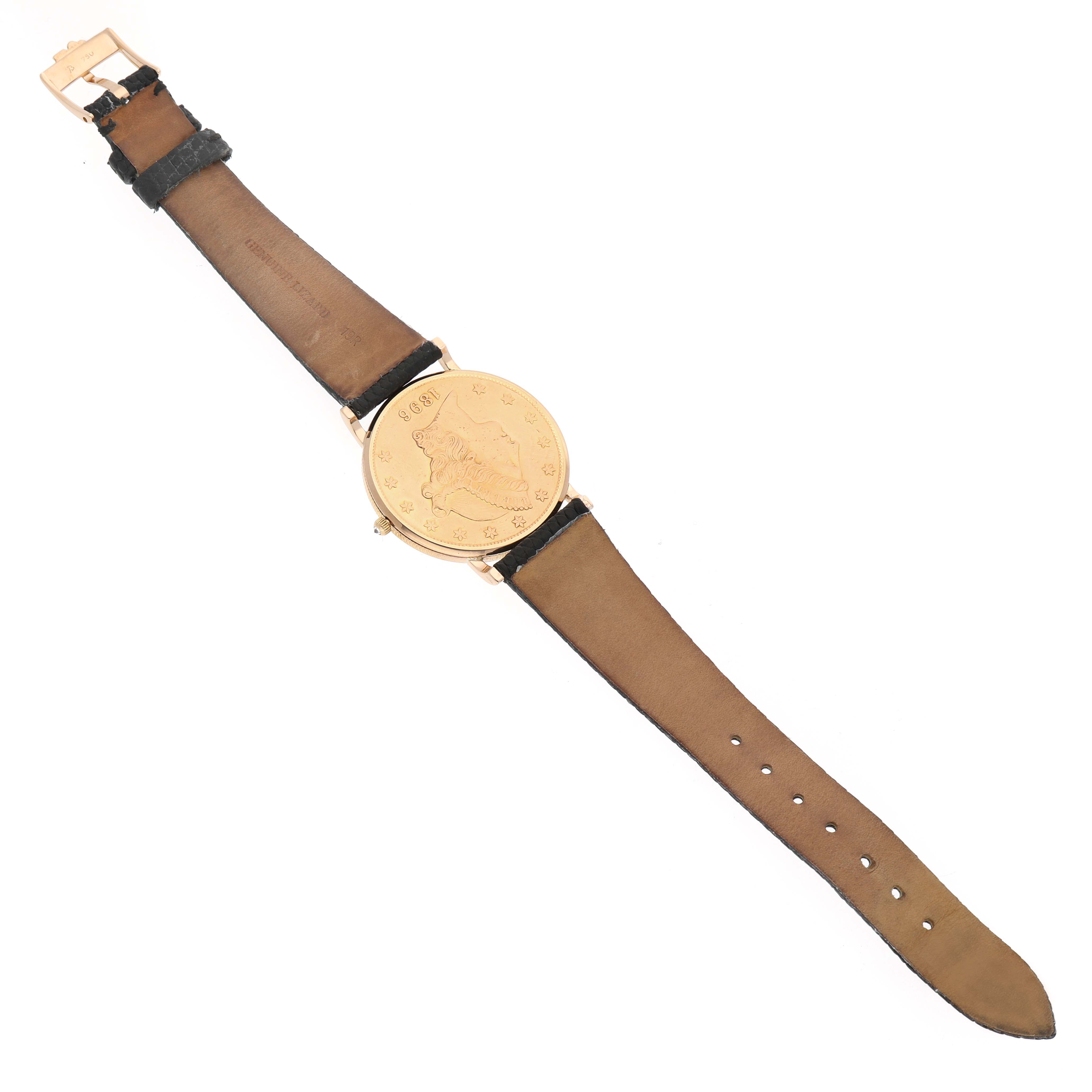 The Universal Genève 1896 Men's Yellow Gold Yellow Dial 20 Dollars Double Eagle watch is shown in a flat angle, highlighting the strap and engraved coin on the case back.