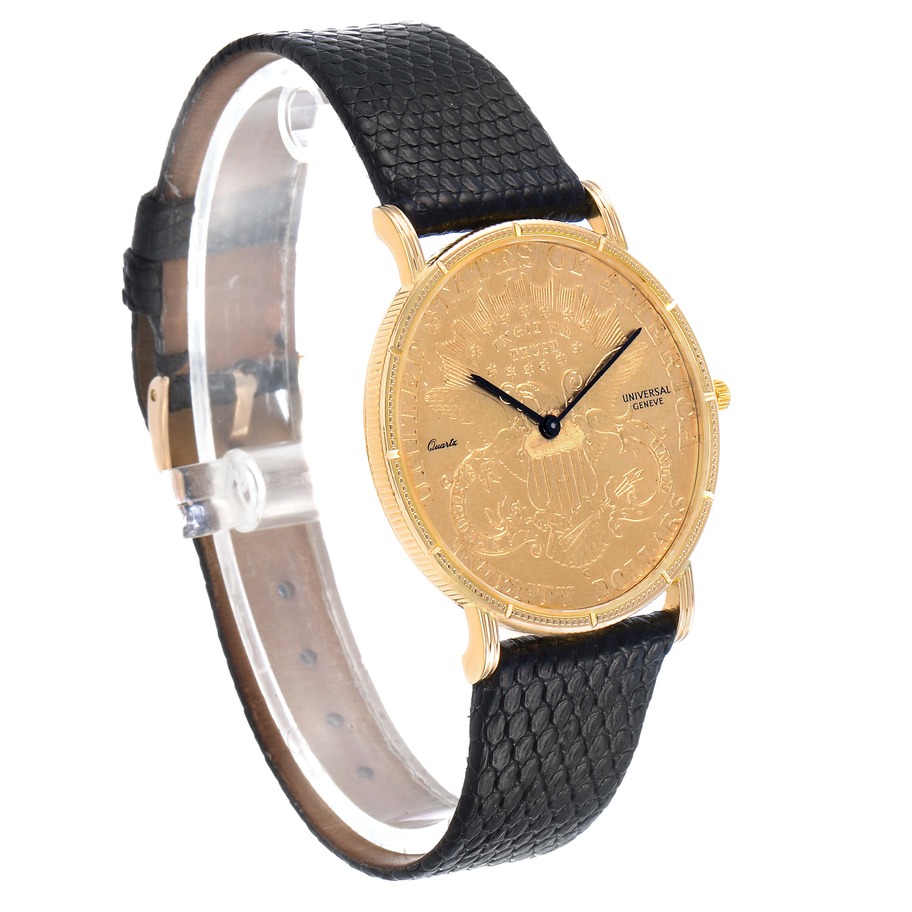 The Universal Genève 1896 Men's Yellow Gold Yellow Dial 20 Dollars Double Eagle watch is shown at a slight side angle, featuring the engraved gold coin face and black strap.