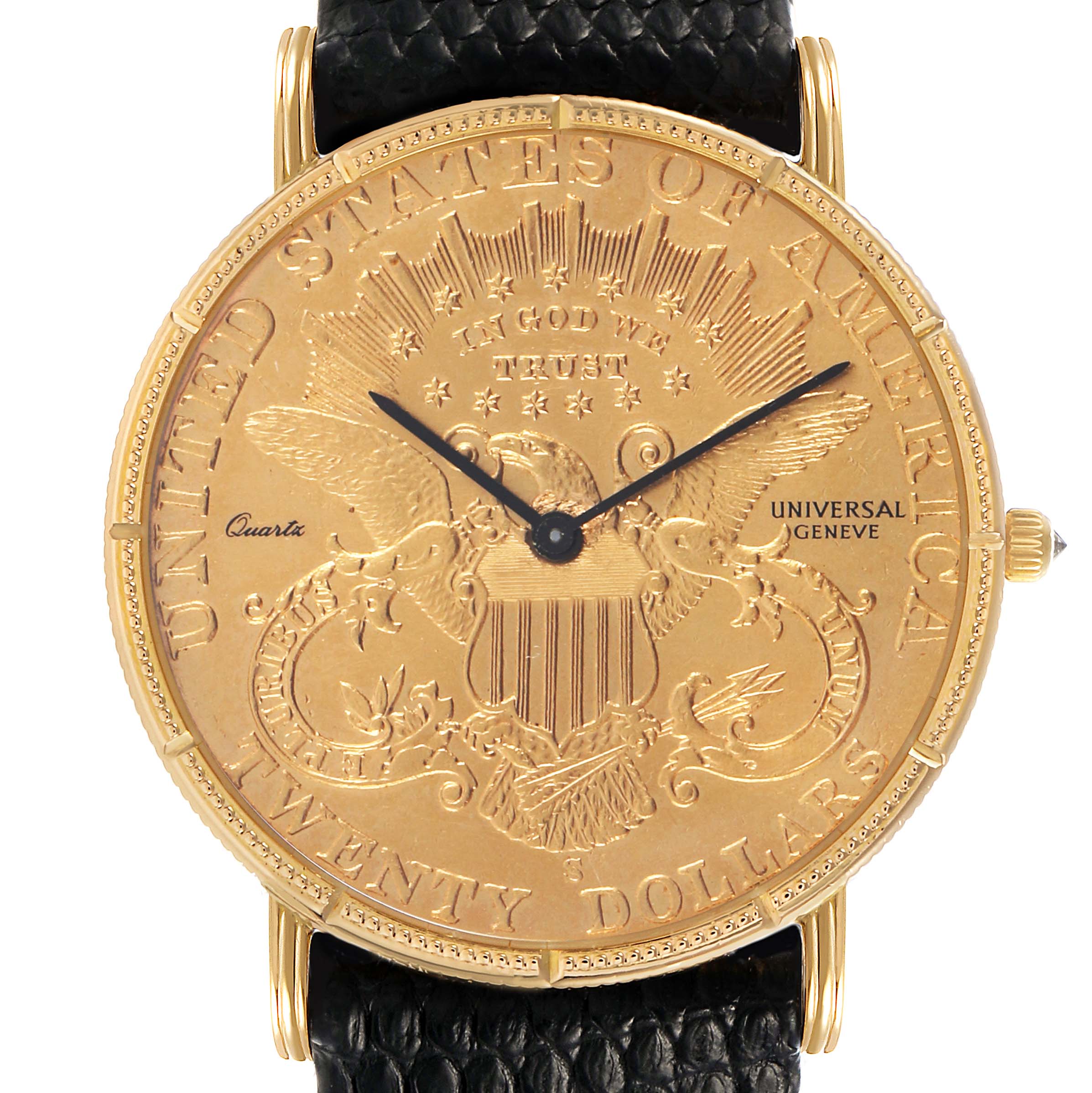 The Universal Genève 1896 Men's Yellow Gold Yellow Dial 20 Dollars Double Eagle Yellow Gold Coin Watch is shown from the front, displaying its intricate coin dial and black leather strap.
