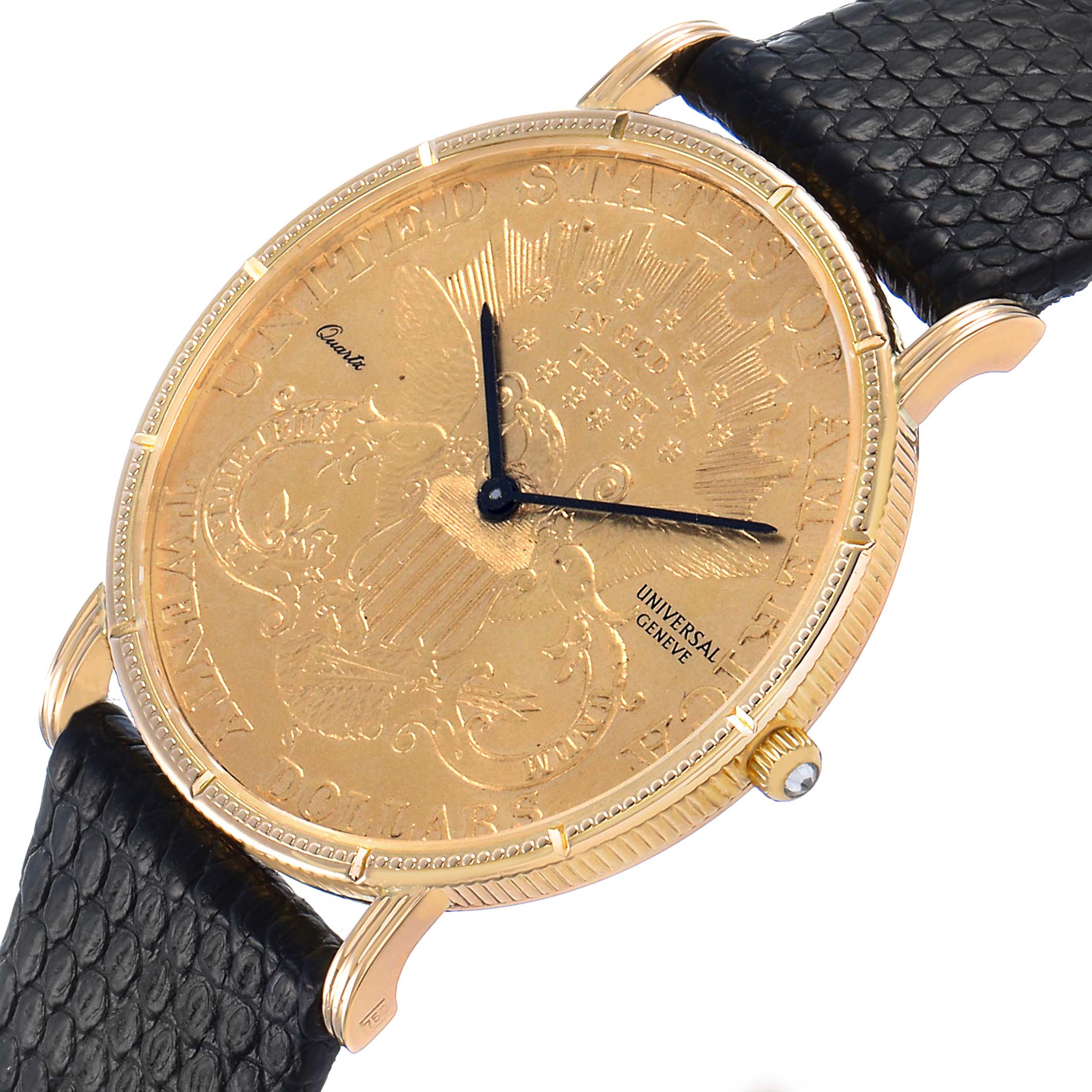 The Universal Genève 1896 Men's Yellow Gold Yellow Dial 20 Dollars Double Eagle watch is shown from a front angle, highlighting its gold coin face and black strap.
