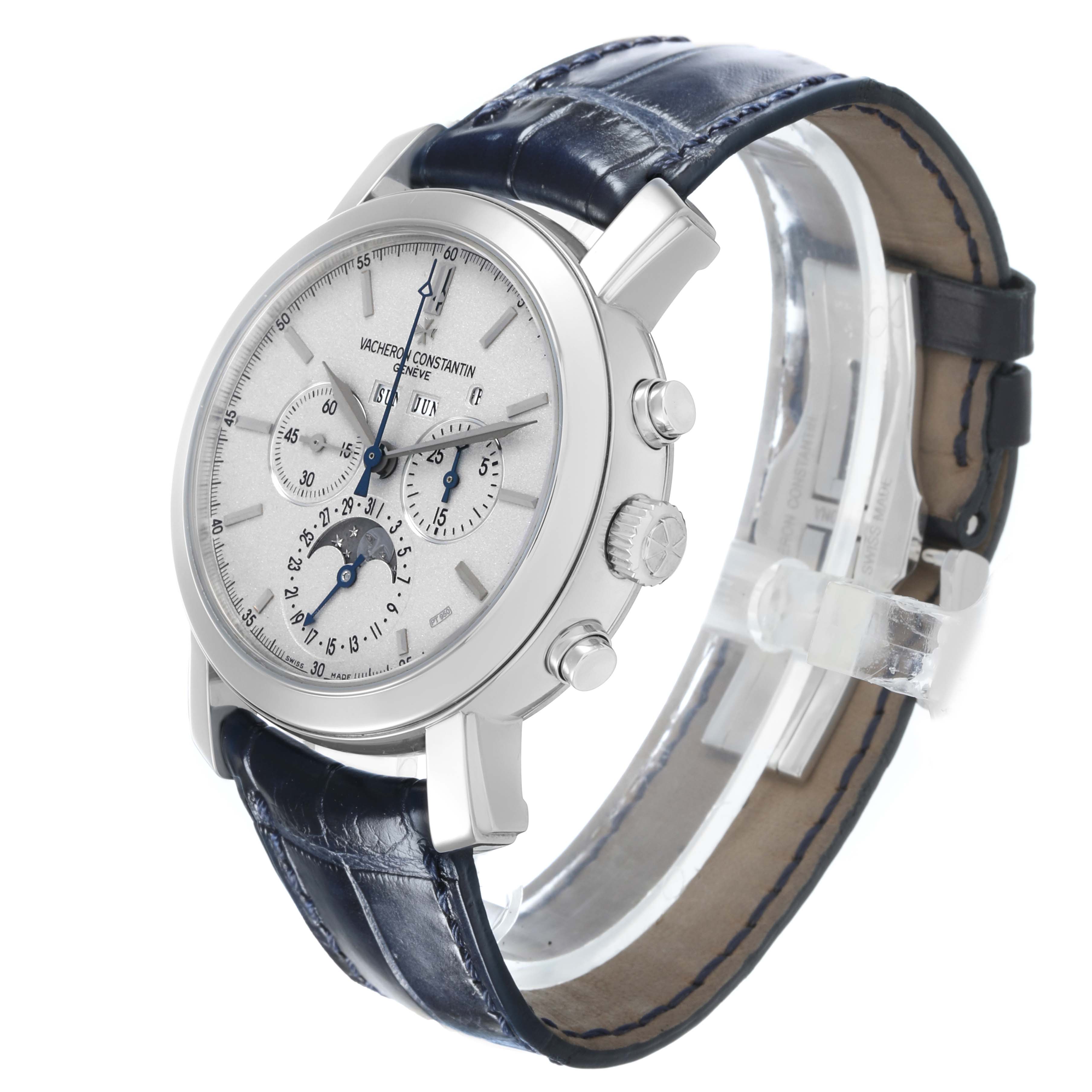 The Vacheron Constantin Malte 47212/000P-9250 Men's Platinum Silver Dial watch is shown at an angled view, highlighting the dial, crown, chronograph pushers, and leather strap.