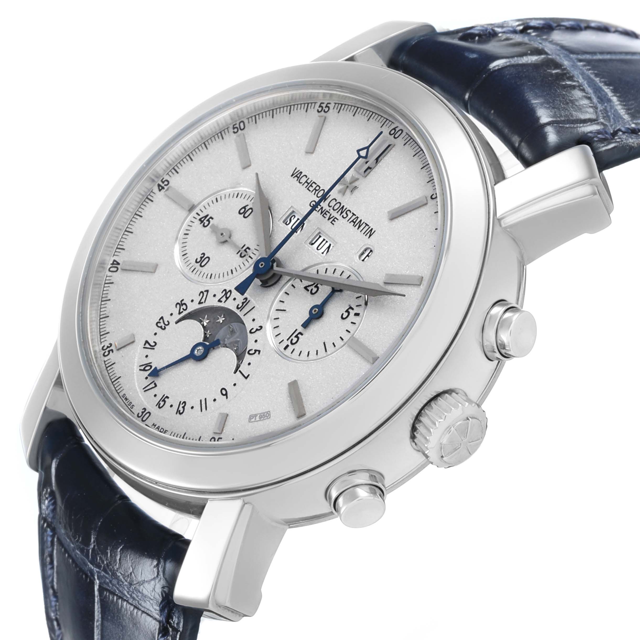 The Vacheron Constantin Malte 47212/000P-9250 Men's Platinum Silver Dial watch is shown at a three-quarter angle, highlighting the dial, subdials, crown, and pushers.