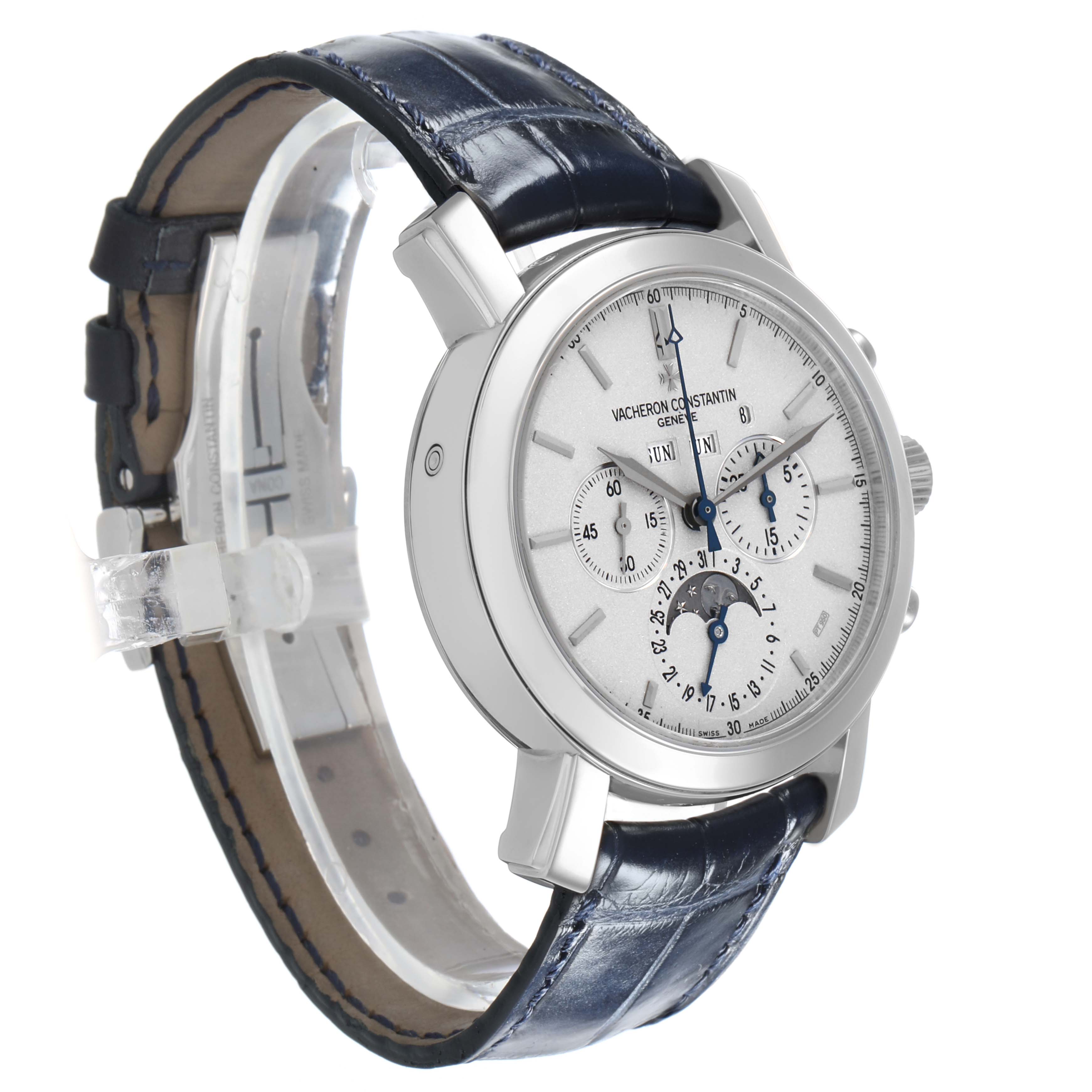 The Vacheron Constantin Malte 47212/000P-9250 Men's Platinum Silver Dial watch is shown at a three-quarter angle, highlighting the face, strap, and side pushers.