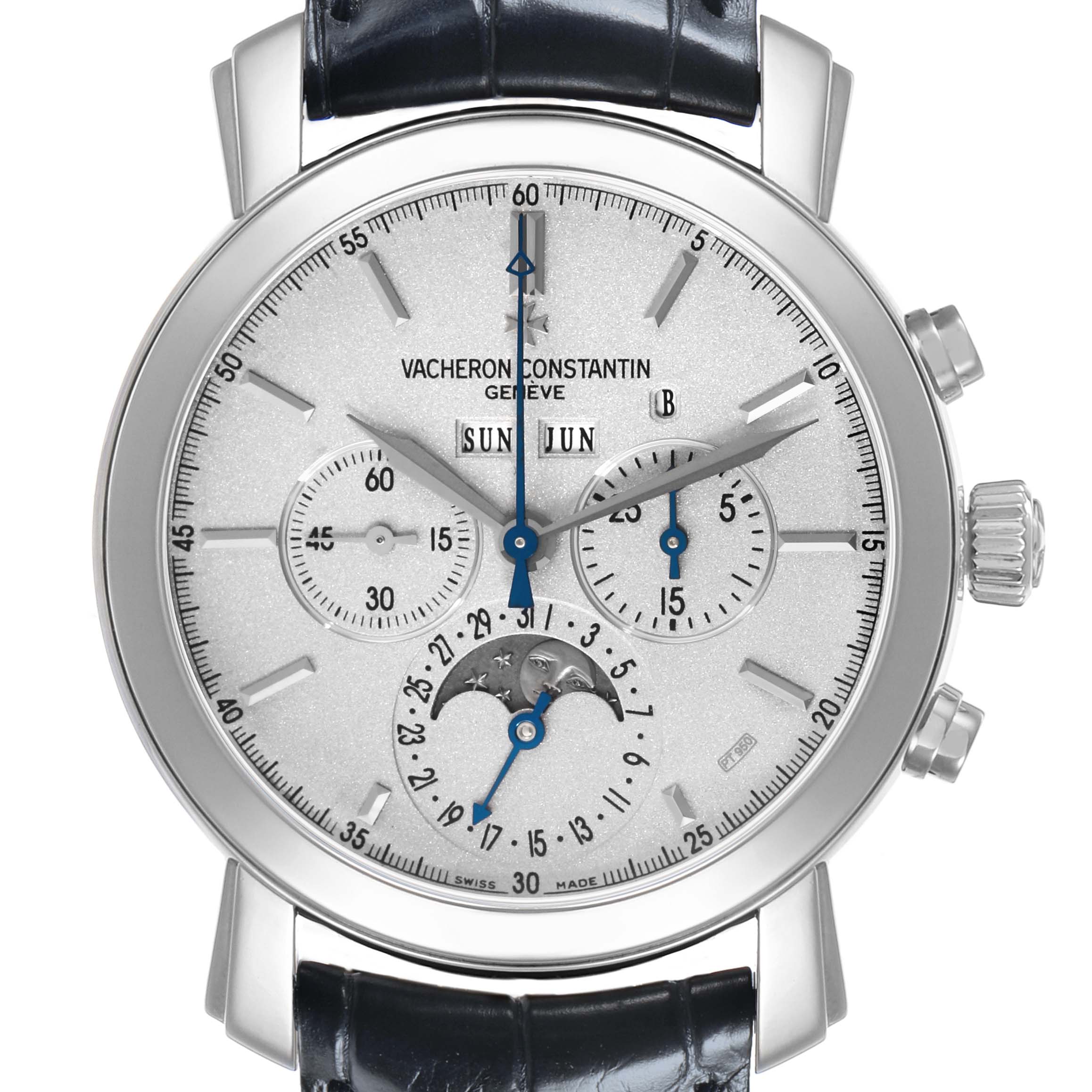 The Vacheron Constantin Malte 47212/000P-9250 Men's Platinum Silver Dial watch is shown from a front view, displaying the dial, subdials, pushers, and crown.