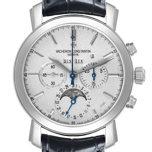 The Vacheron Constantin Malte 47212/000P-9250 Men's Platinum Silver Dial watch is shown from the front, displaying its dial, subdials, and moon phase indicator.