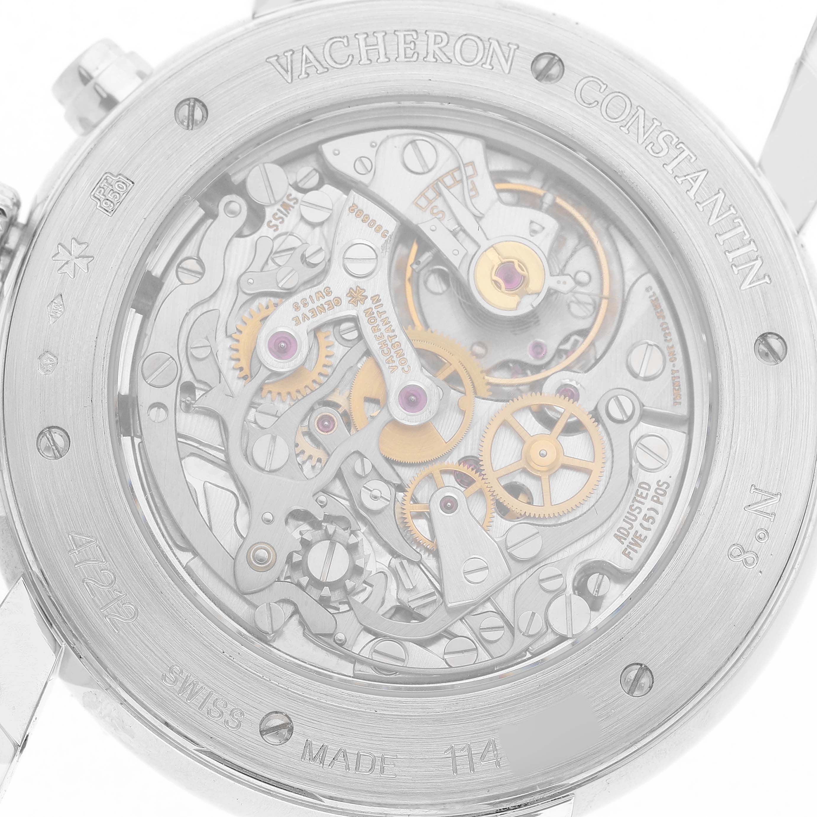The image shows the back view of the Vacheron Constantin Malte 47212/000P-9250 Men's Platinum Silver Dial watch, highlighting its intricate movement and mechanical components.