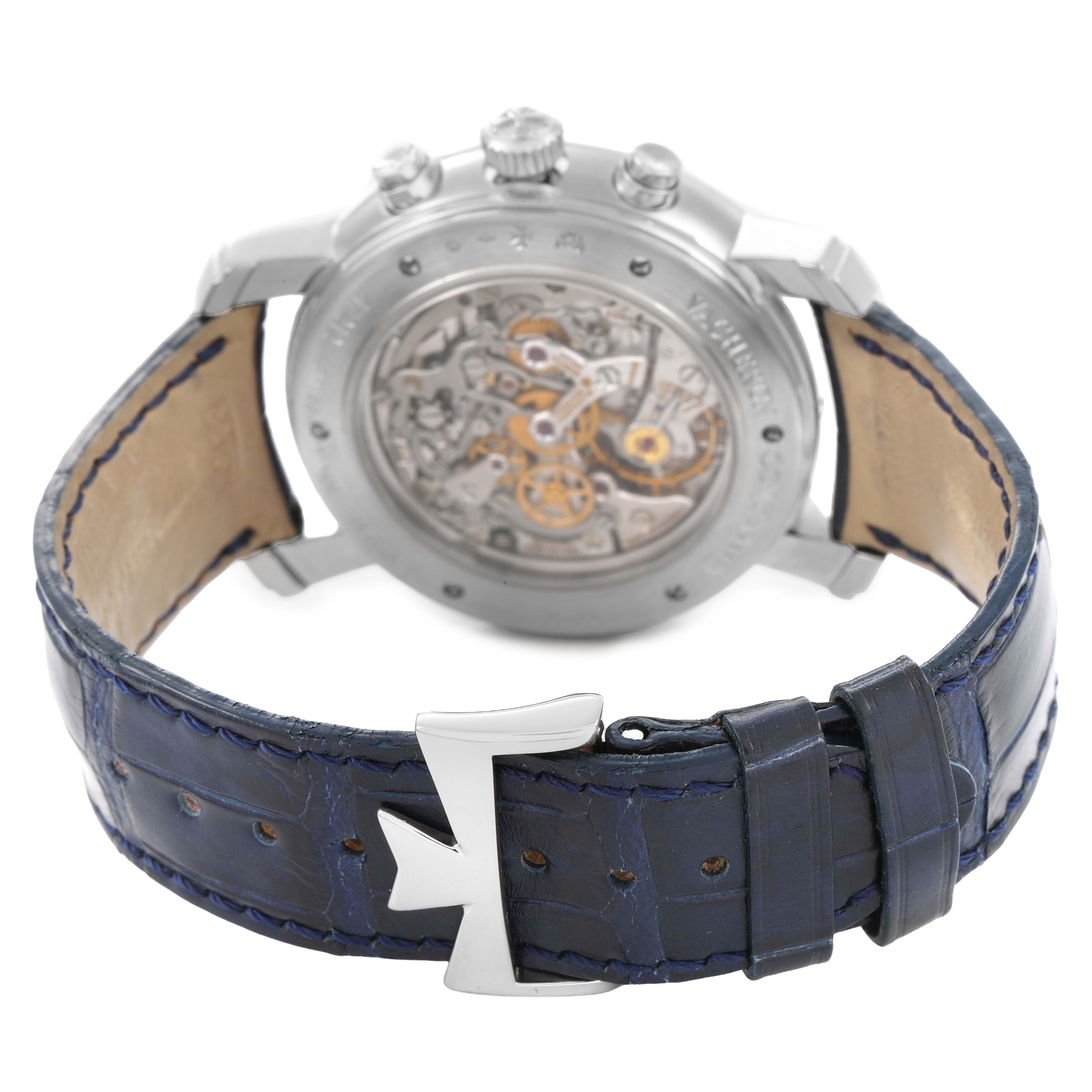 The image shows the back view of a Vacheron Constantin Malte 47212/000P-9250 Men's Platinum Silver Dial watch, highlighting its movement and blue leather strap.