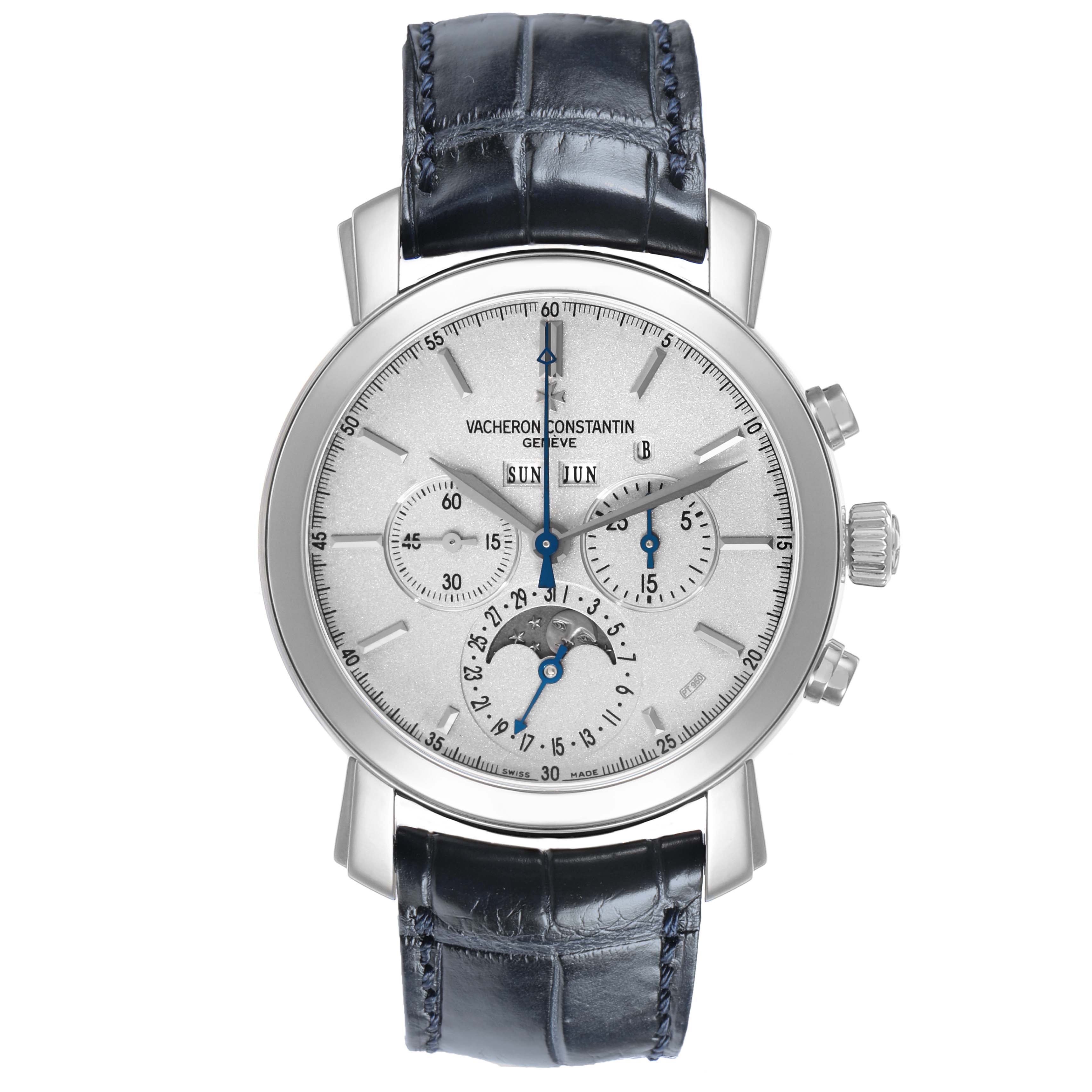 The image shows a front view of the Vacheron Constantin Malte 47212/000P-9250 Men's Platinum Silver Dial watch, highlighting its face, subdials, and leather strap.