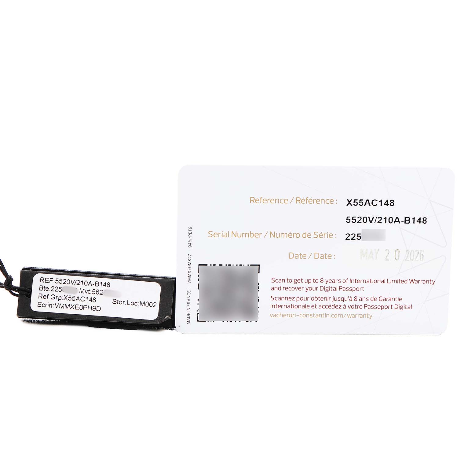 The image shows a warranty card and tag label for the Vacheron Constantin Overseas 5520V Men's Stainless Steel Blue Dial model.