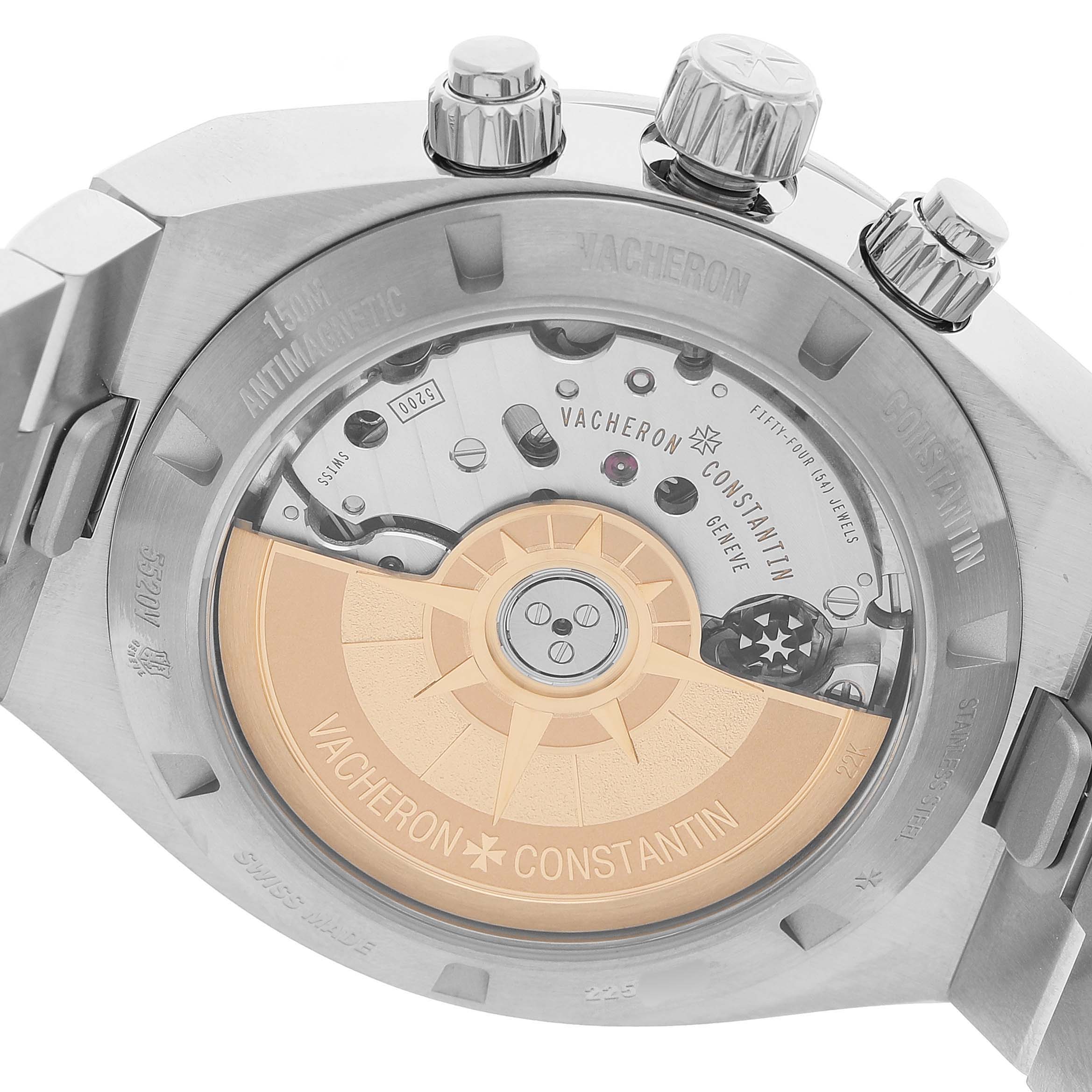 The image shows the back of the Vacheron Constantin Overseas 5520V Men's Stainless Steel Blue Dial watch, highlighting the movement and rotor details.