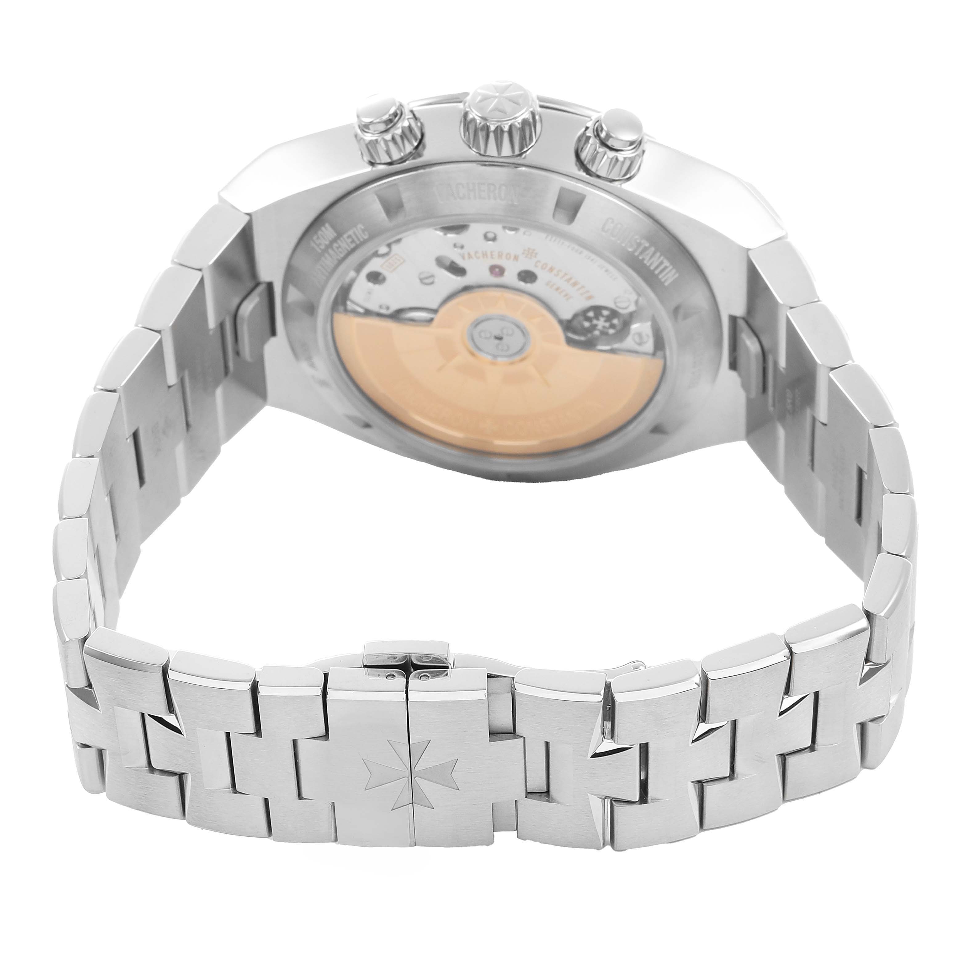 The image shows the back and side of a Vacheron Constantin Overseas 5520V Men's Stainless Steel Blue Dial watch, highlighting the case, crown, pushers, and bracelet.